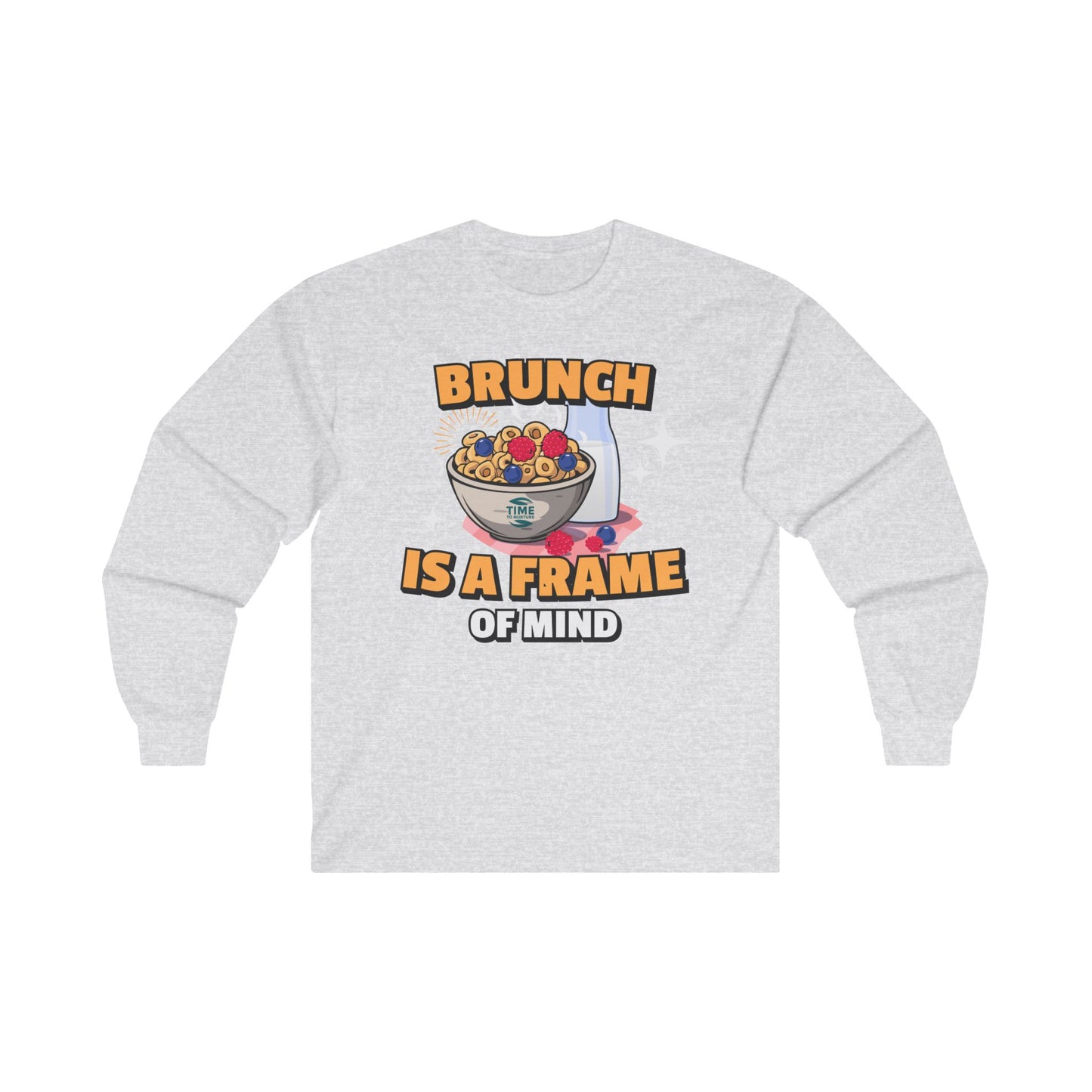 Unisex long sleeve tee with 'Brunch Frame of Mind' design, made from soft cotton. Perfect for brunch lovers and weekend or Sunday brunch attire.