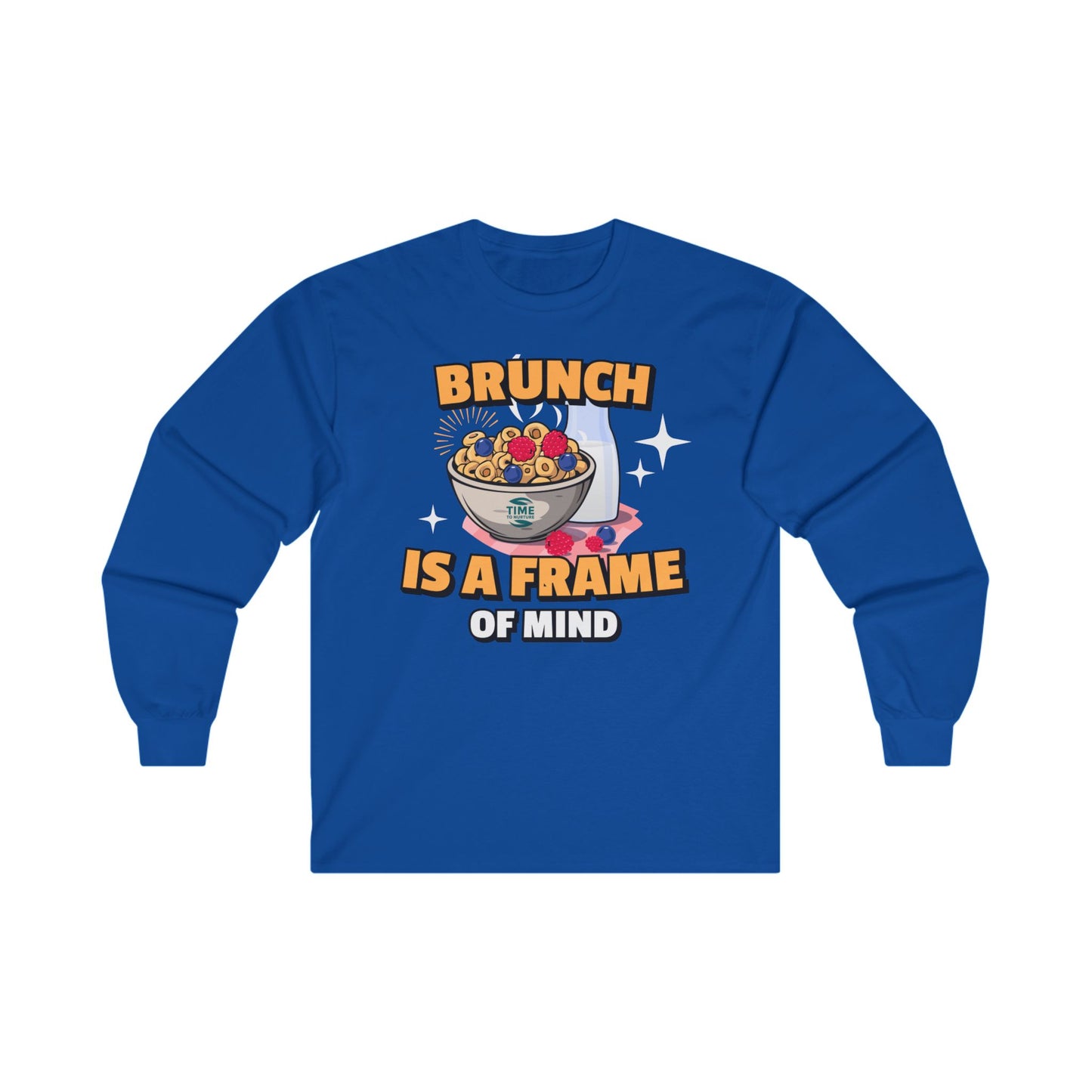 Unisex long sleeve tee with 'Brunch Frame of Mind' design, made from soft cotton. Perfect for brunch lovers and weekend or Sunday brunch attire.