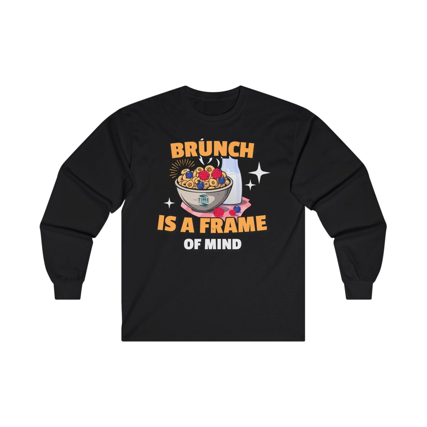 Unisex long sleeve tee with 'Brunch Frame of Mind' design, made from soft cotton. Perfect for brunch lovers and weekend or Sunday brunch attire.