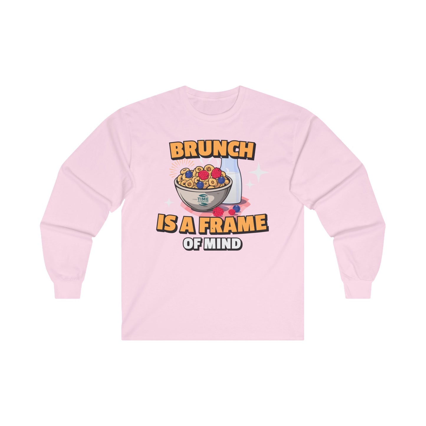 Unisex long sleeve tee with 'Brunch Frame of Mind' design, made from soft cotton. Perfect for brunch lovers and weekend or Sunday brunch attire.