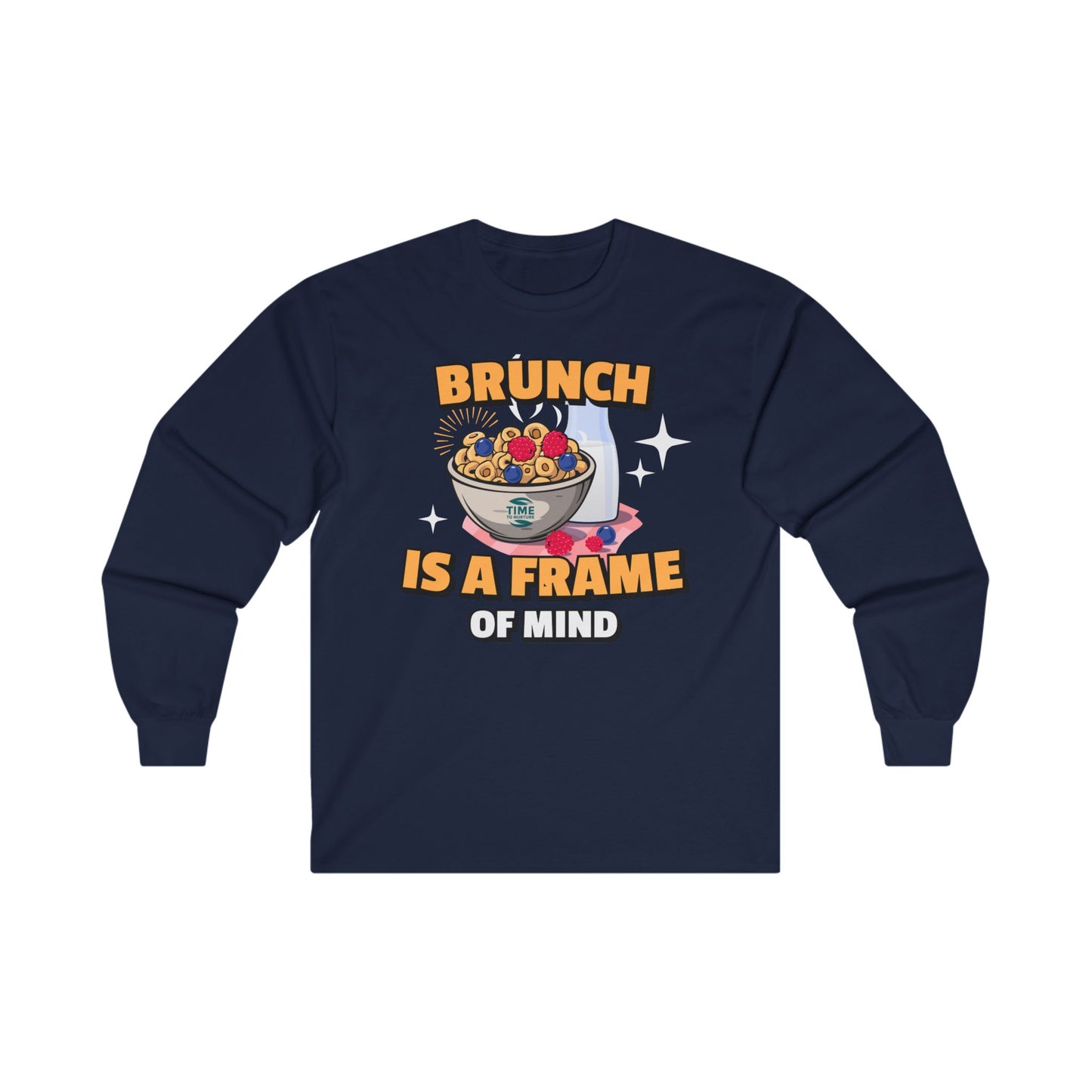 Unisex long sleeve tee with 'Brunch Frame of Mind' design, made from soft cotton. Perfect for brunch lovers and weekend or Sunday brunch attire.