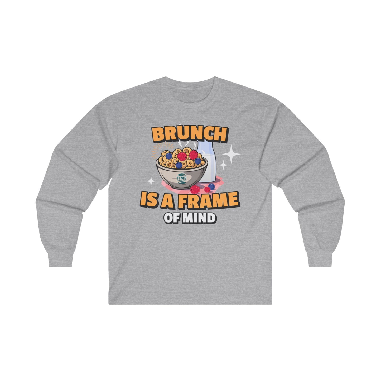 Unisex long sleeve tee with 'Brunch Frame of Mind' design, made from soft cotton. Perfect for brunch lovers and weekend or Sunday brunch attire.