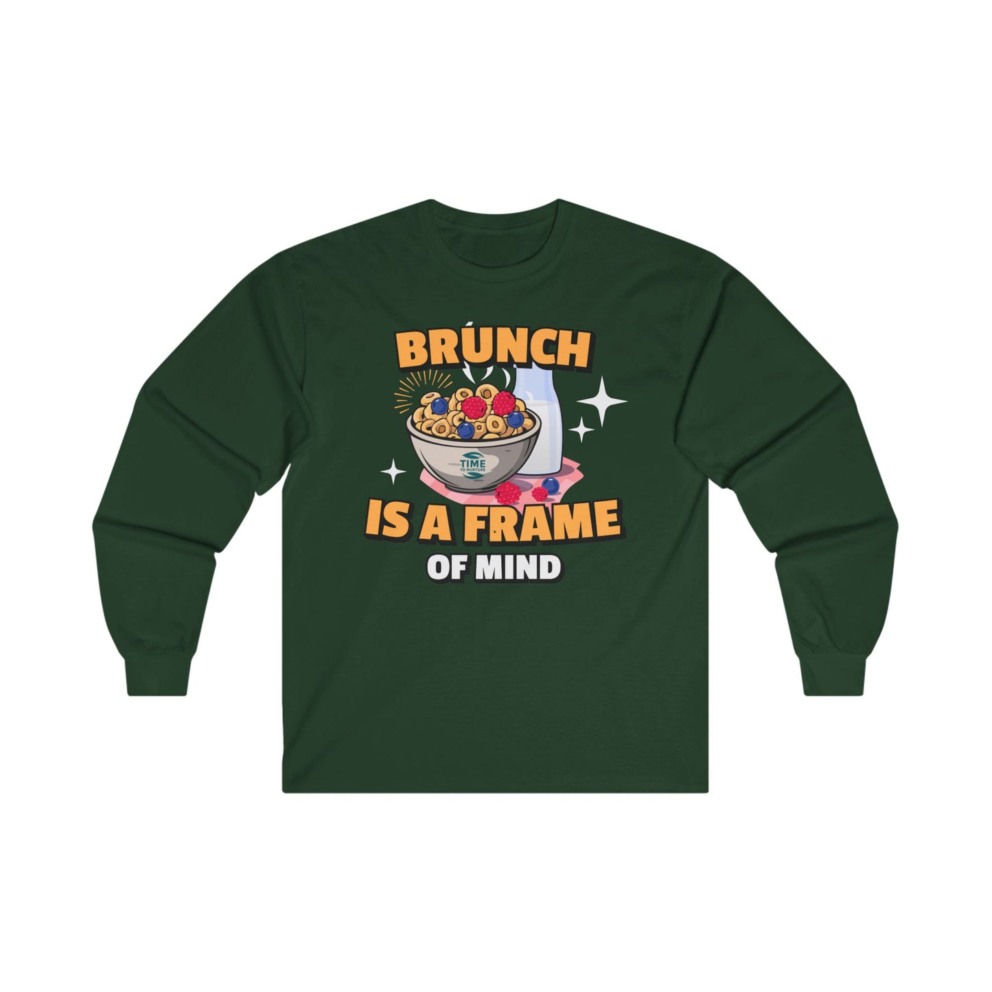 Unisex long sleeve tee with 'Brunch Frame of Mind' design, made from soft cotton. Perfect for brunch lovers and weekend or Sunday brunch attire.