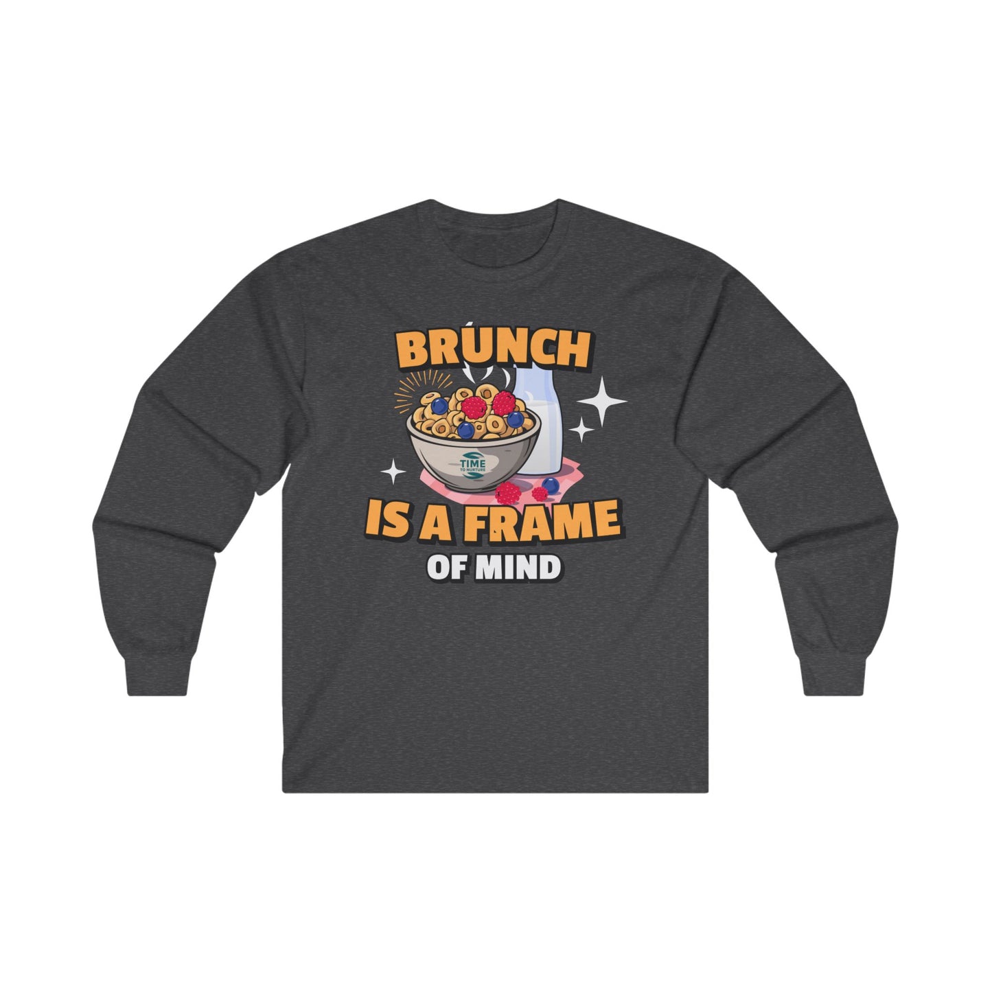 Unisex long sleeve tee with 'Brunch Frame of Mind' design, made from soft cotton. Perfect for brunch lovers and weekend or Sunday brunch attire.