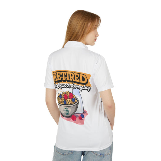 Unisex polo shirt with all-over print Retired We Brunch Everyday text, combining a playful retirement theme with a casual brunch vibe, perfect as a funny retirement gift or work celebration attire



