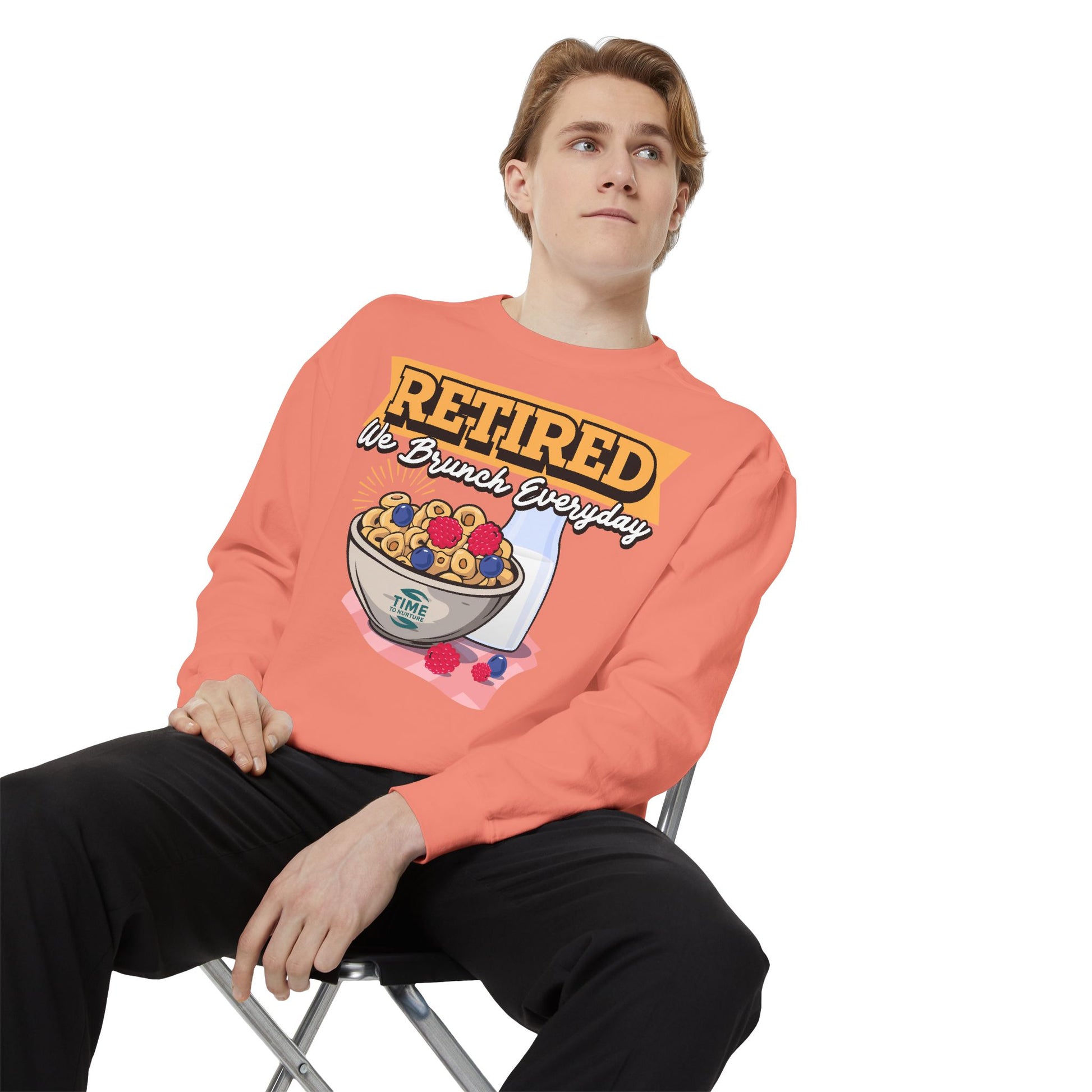 Unisex pullover sweatshirt with the phrase "Retired We Brunch Everyday," perfect for brunch lovers and retirees. A cozy and fun gift for a retiree or a stylish outfit for a retirement party, celebrating the laid-back retired life with brunch vibes.