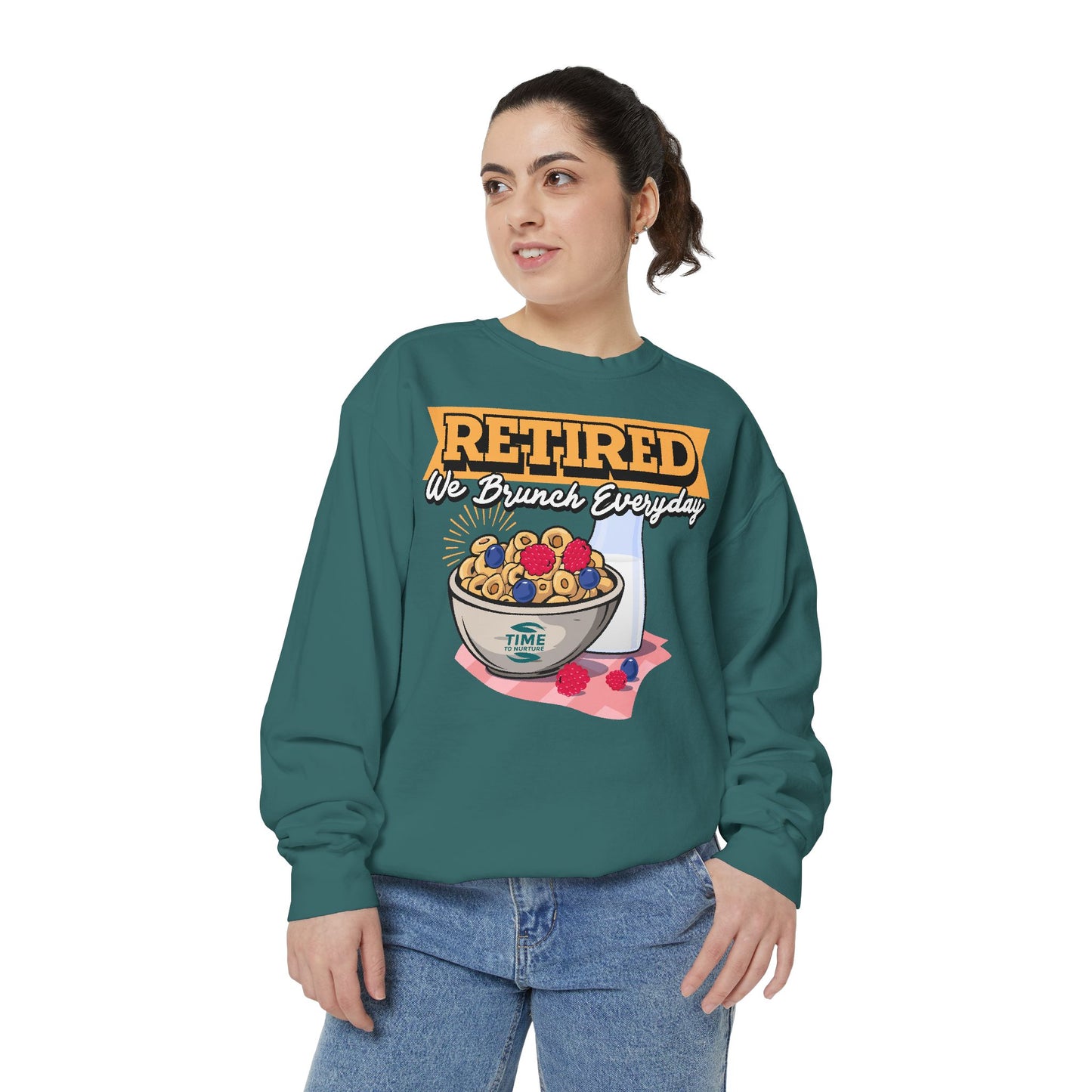 Unisex pullover sweatshirt with the phrase "Retired We Brunch Everyday," perfect for brunch lovers and retirees. A cozy and fun gift for a retiree or a stylish outfit for a retirement party, celebrating the laid-back retired life with brunch vibes.