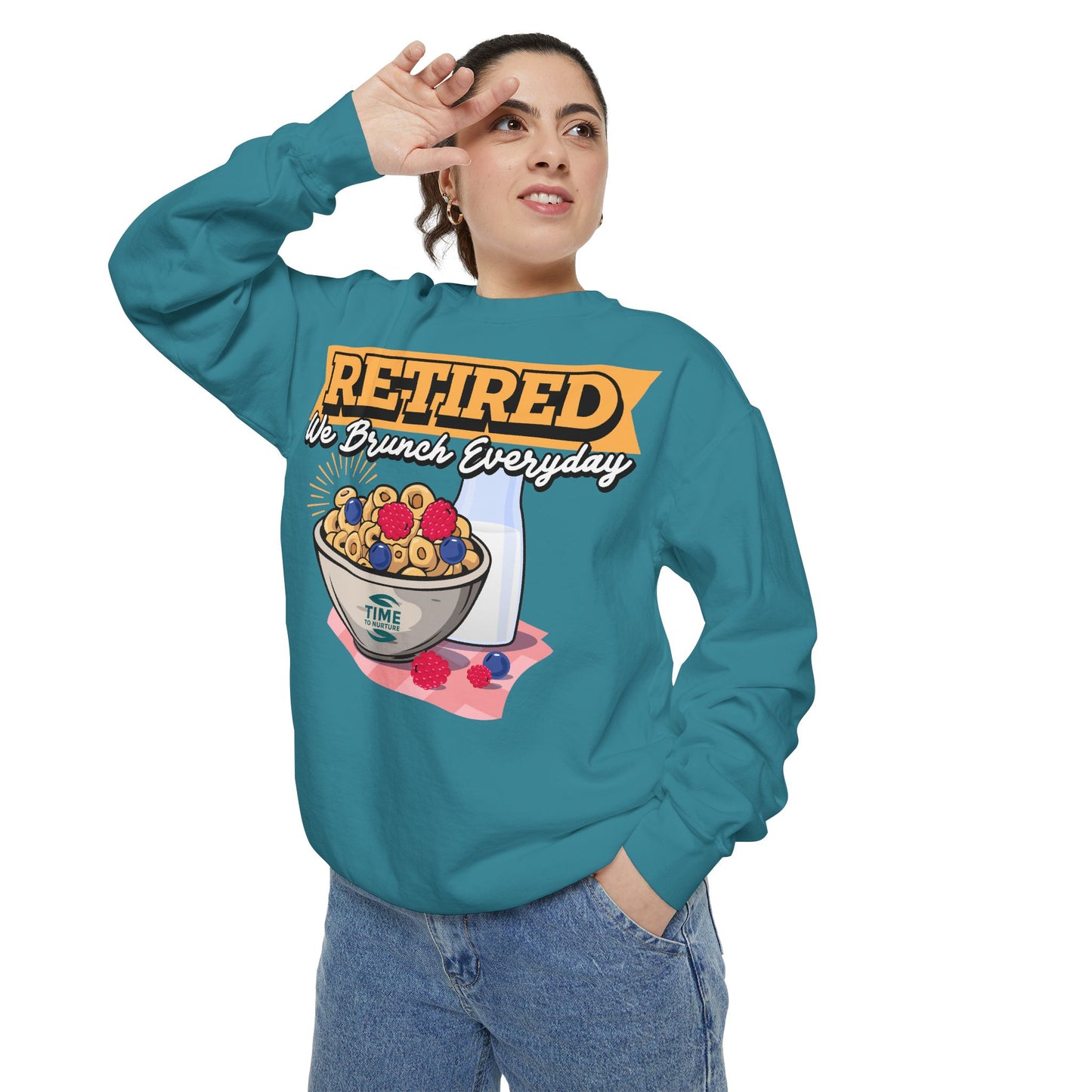 Unisex pullover sweatshirt with the phrase "Retired We Brunch Everyday," perfect for brunch lovers and retirees. A cozy and fun gift for a retiree or a stylish outfit for a retirement party, celebrating the laid-back retired life with brunch vibes.