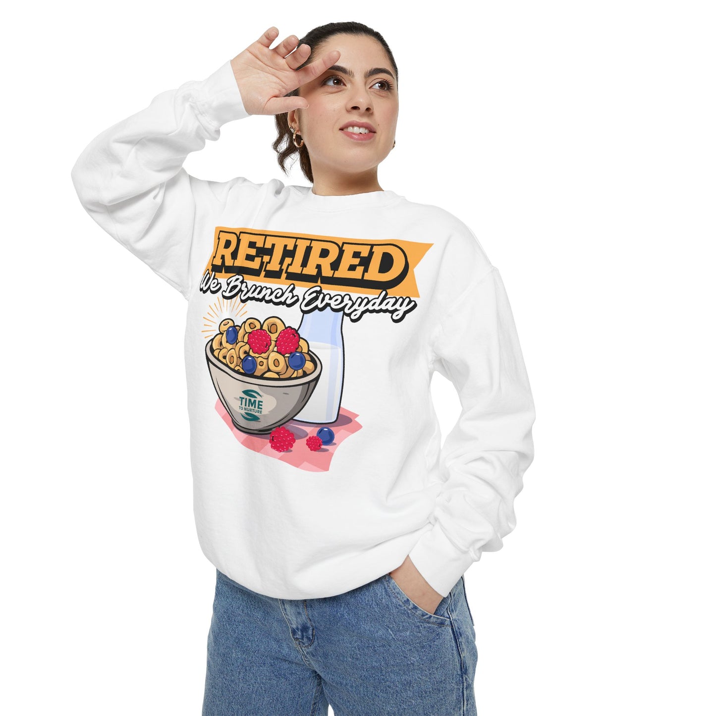 Unisex pullover sweatshirt with the phrase "Retired We Brunch Everyday," perfect for brunch lovers and retirees. A cozy and fun gift for a retiree or a stylish outfit for a retirement party, celebrating the laid-back retired life with brunch vibes.