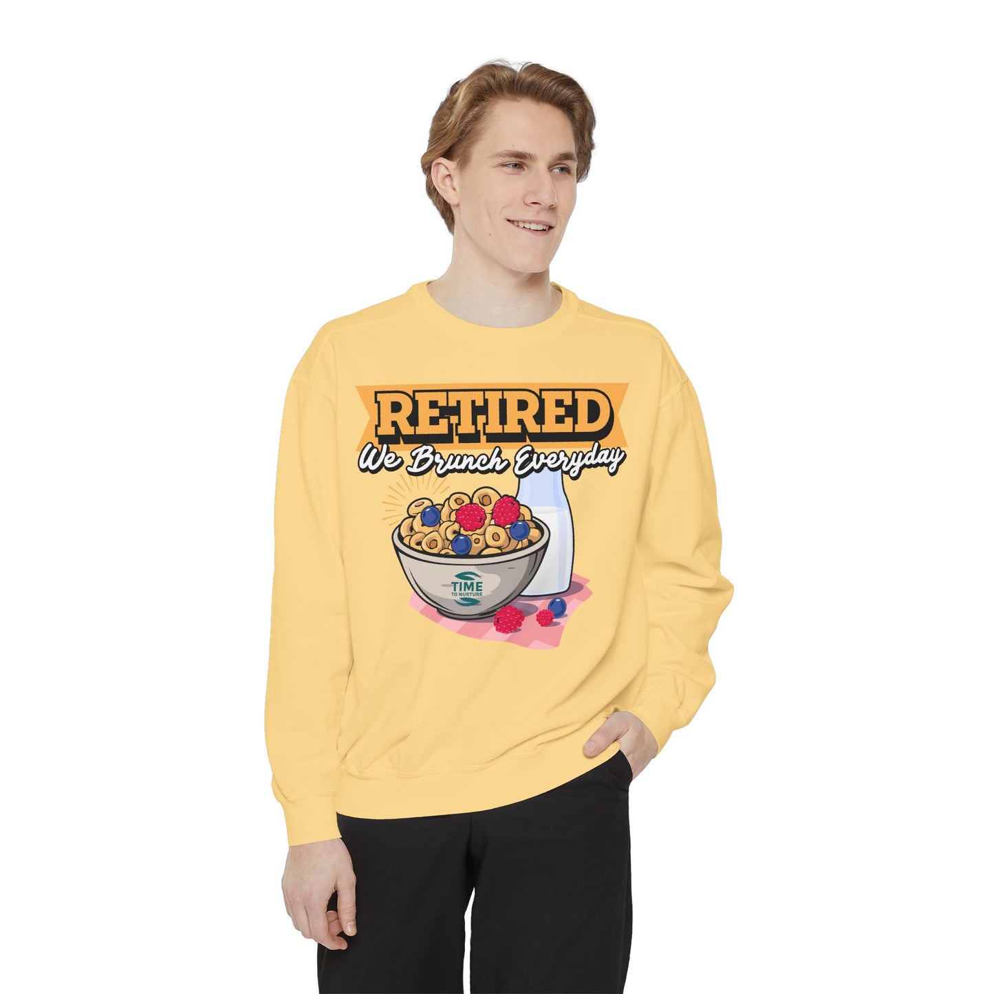 Unisex pullover sweatshirt with the phrase "Retired We Brunch Everyday," perfect for brunch lovers and retirees. A cozy and fun gift for a retiree or a stylish outfit for a retirement party, celebrating the laid-back retired life with brunch vibes.
