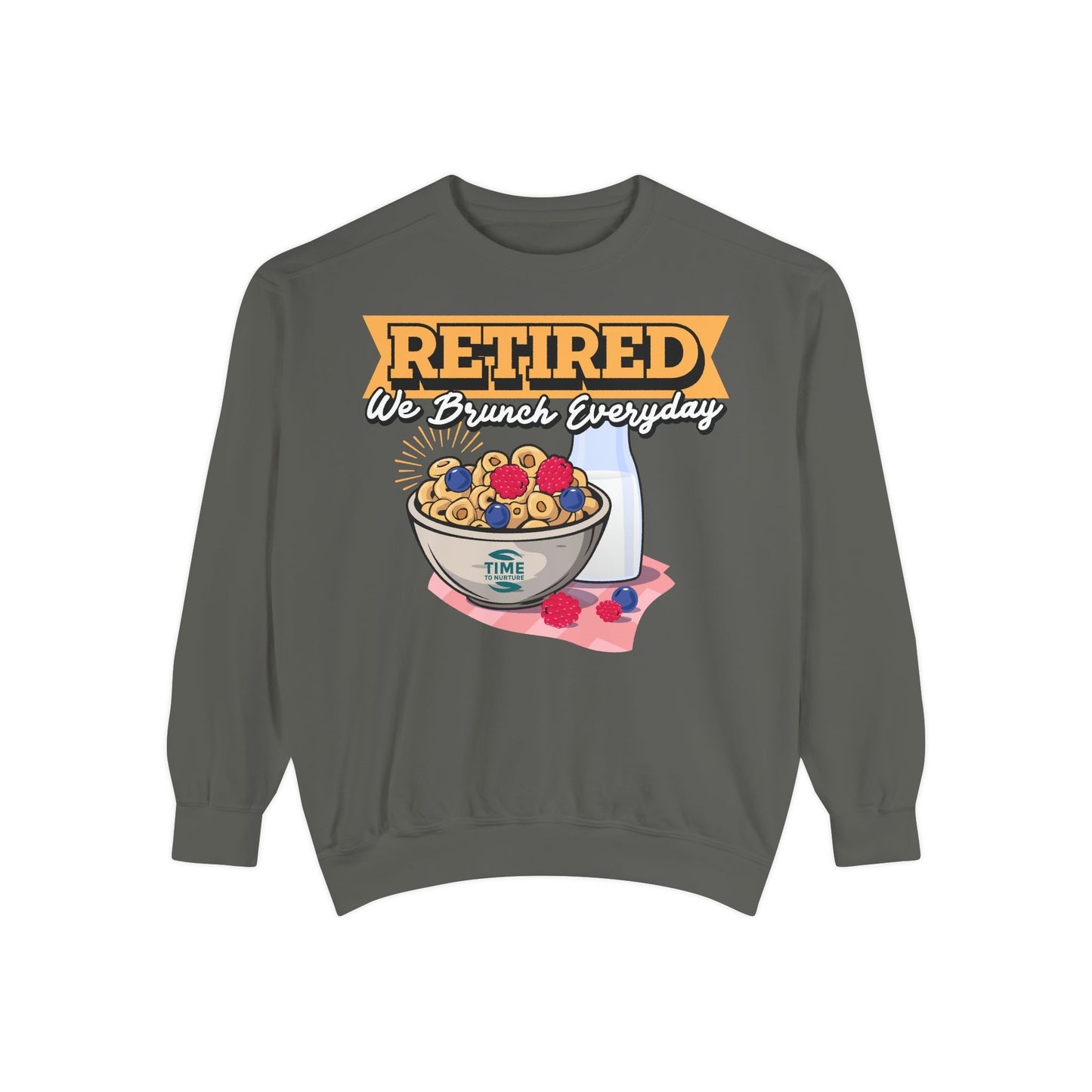 Unisex pullover sweatshirt with the phrase "Retired We Brunch Everyday," perfect for brunch lovers and retirees. A cozy and fun gift for a retiree or a stylish outfit for a retirement party, celebrating the laid-back retired life with brunch vibes.