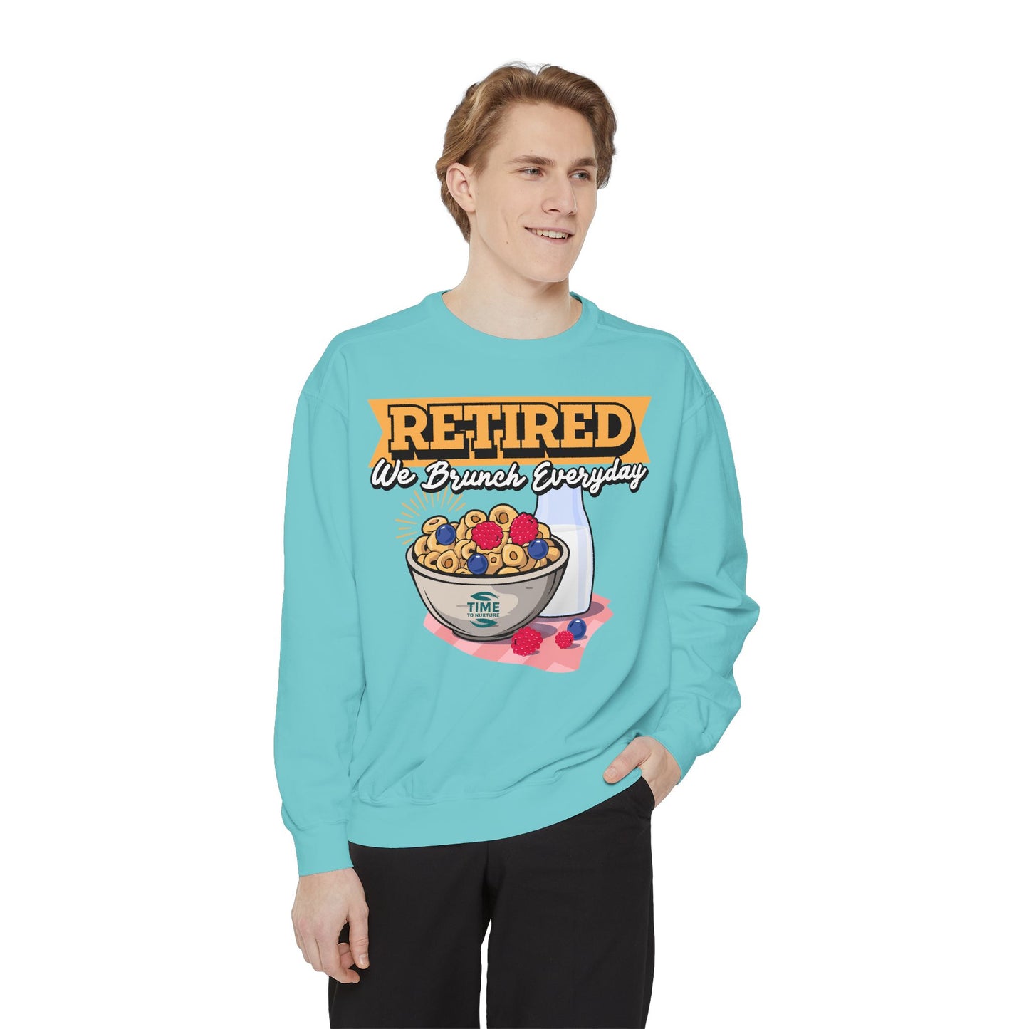 Unisex pullover sweatshirt with the phrase "Retired We Brunch Everyday," perfect for brunch lovers and retirees. A cozy and fun gift for a retiree or a stylish outfit for a retirement party, celebrating the laid-back retired life with brunch vibes.