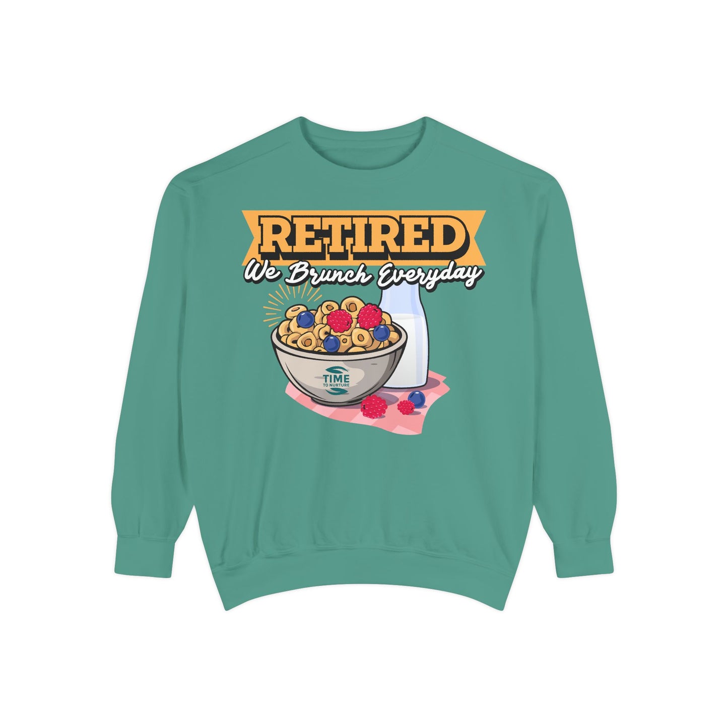 Unisex pullover sweatshirt with the phrase "Retired We Brunch Everyday," perfect for brunch lovers and retirees. A cozy and fun gift for a retiree or a stylish outfit for a retirement party, celebrating the laid-back retired life with brunch vibes.