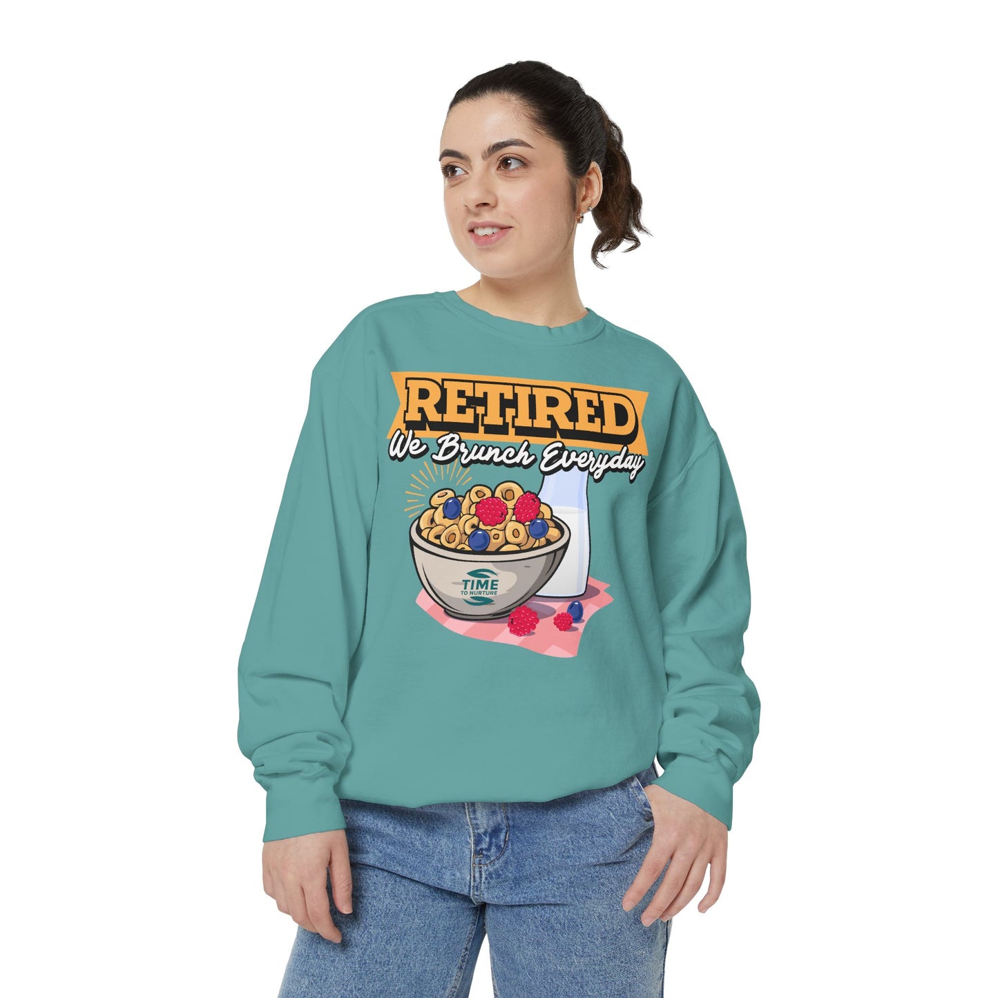 Unisex pullover sweatshirt with the phrase "Retired We Brunch Everyday," perfect for brunch lovers and retirees. A cozy and fun gift for a retiree or a stylish outfit for a retirement party, celebrating the laid-back retired life with brunch vibes.