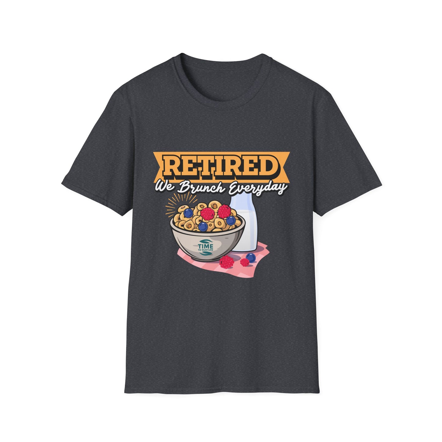 Unisex softstyle graphic t-shirt featuring the phrase "Retired We Brunch Everyday" in a playful design. A funny and comfortable retirement gift or brunch lover shirt, perfect for casual parties and laid-back celebrations.