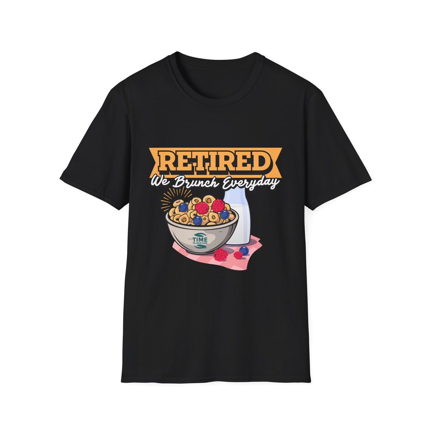 Unisex softstyle graphic t-shirt featuring the phrase "Retired We Brunch Everyday" in a playful design. A funny and comfortable retirement gift or brunch lover shirt, perfect for casual parties and laid-back celebrations.