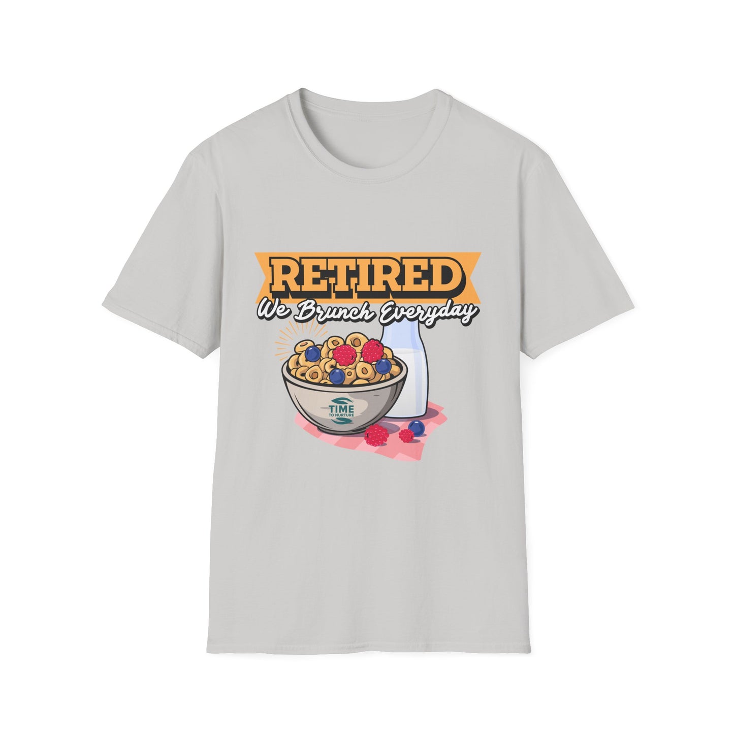 Unisex softstyle graphic t-shirt featuring the phrase "Retired We Brunch Everyday" in a playful design. A funny and comfortable retirement gift or brunch lover shirt, perfect for casual parties and laid-back celebrations.