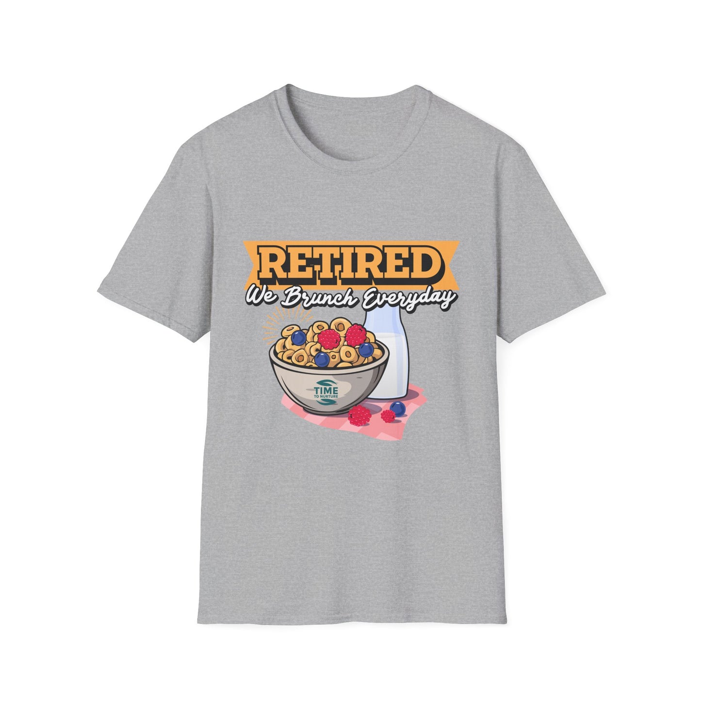 Unisex softstyle graphic t-shirt featuring the phrase "Retired We Brunch Everyday" in a playful design. A funny and comfortable retirement gift or brunch lover shirt, perfect for casual parties and laid-back celebrations.