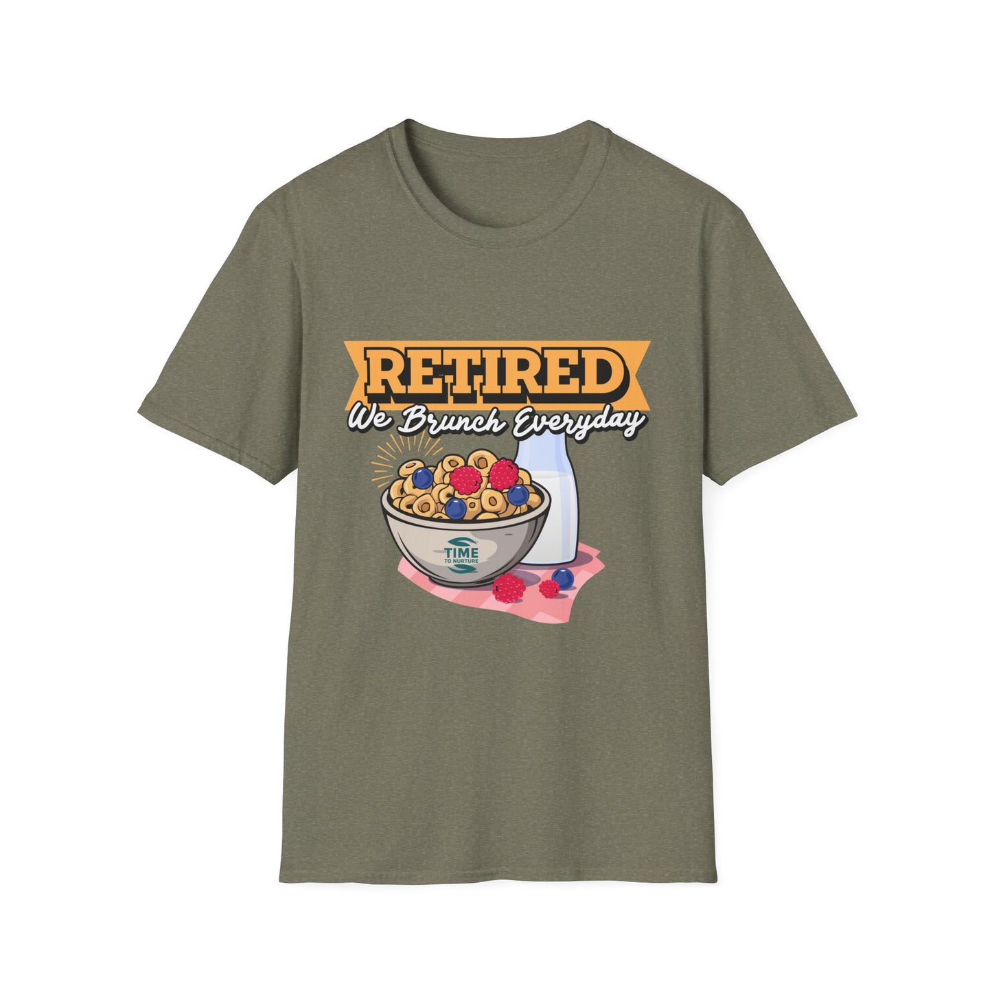 Unisex softstyle graphic t-shirt featuring the phrase "Retired We Brunch Everyday" in a playful design. A funny and comfortable retirement gift or brunch lover shirt, perfect for casual parties and laid-back celebrations.