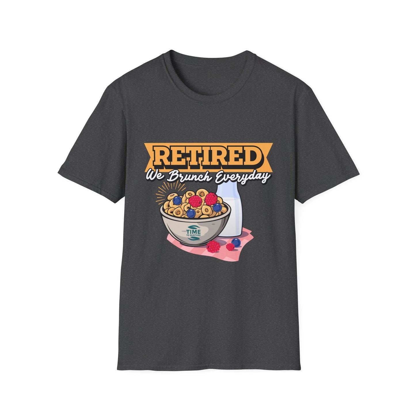 Unisex softstyle graphic t-shirt featuring the phrase "Retired We Brunch Everyday" in a playful design. A funny and comfortable retirement gift or brunch lover shirt, perfect for casual parties and laid-back celebrations.