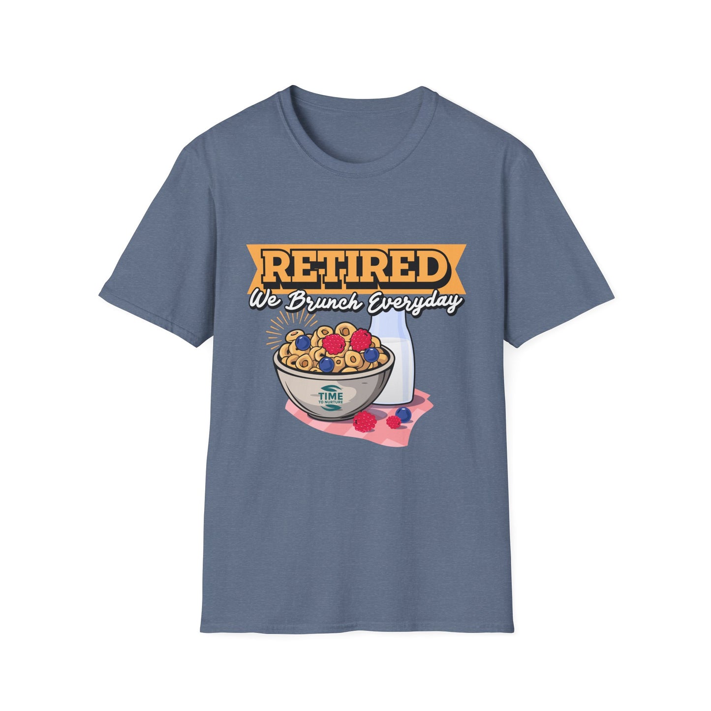 Unisex softstyle graphic t-shirt featuring the phrase "Retired We Brunch Everyday" in a playful design. A funny and comfortable retirement gift or brunch lover shirt, perfect for casual parties and laid-back celebrations.