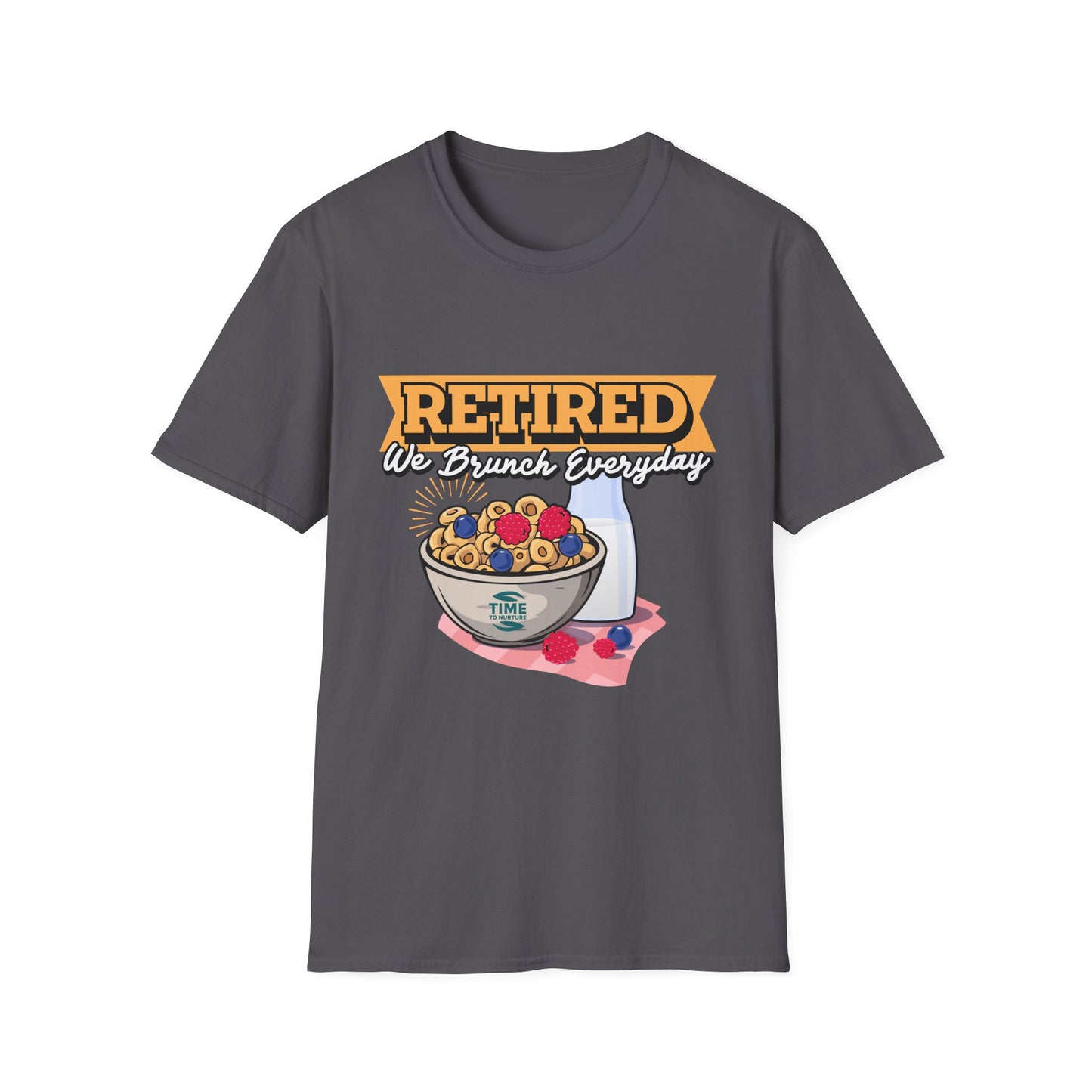 Unisex softstyle graphic t-shirt featuring the phrase "Retired We Brunch Everyday" in a playful design. A funny and comfortable retirement gift or brunch lover shirt, perfect for casual parties and laid-back celebrations.
