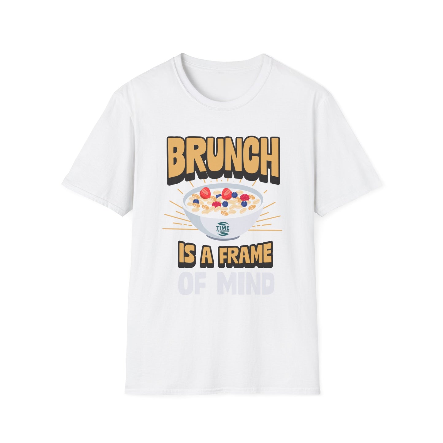 Unisex softstyle t-shirt featuring the phrase "Brunch Is a State of Mind," ethically made with superior comfort and durability. The design includes a fun digital brunch retirement gag gift idea, offering timeless style for casual wear