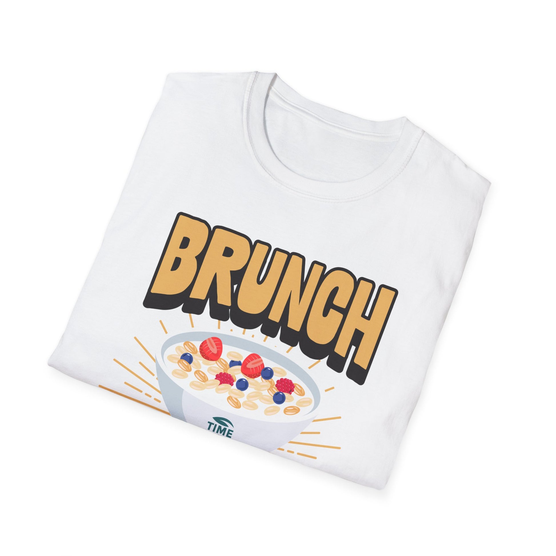 Unisex softstyle t-shirt featuring the phrase "Brunch Is a State of Mind," ethically made with superior comfort and durability. The design includes a fun digital brunch retirement gag gift idea, offering timeless style for casual wear