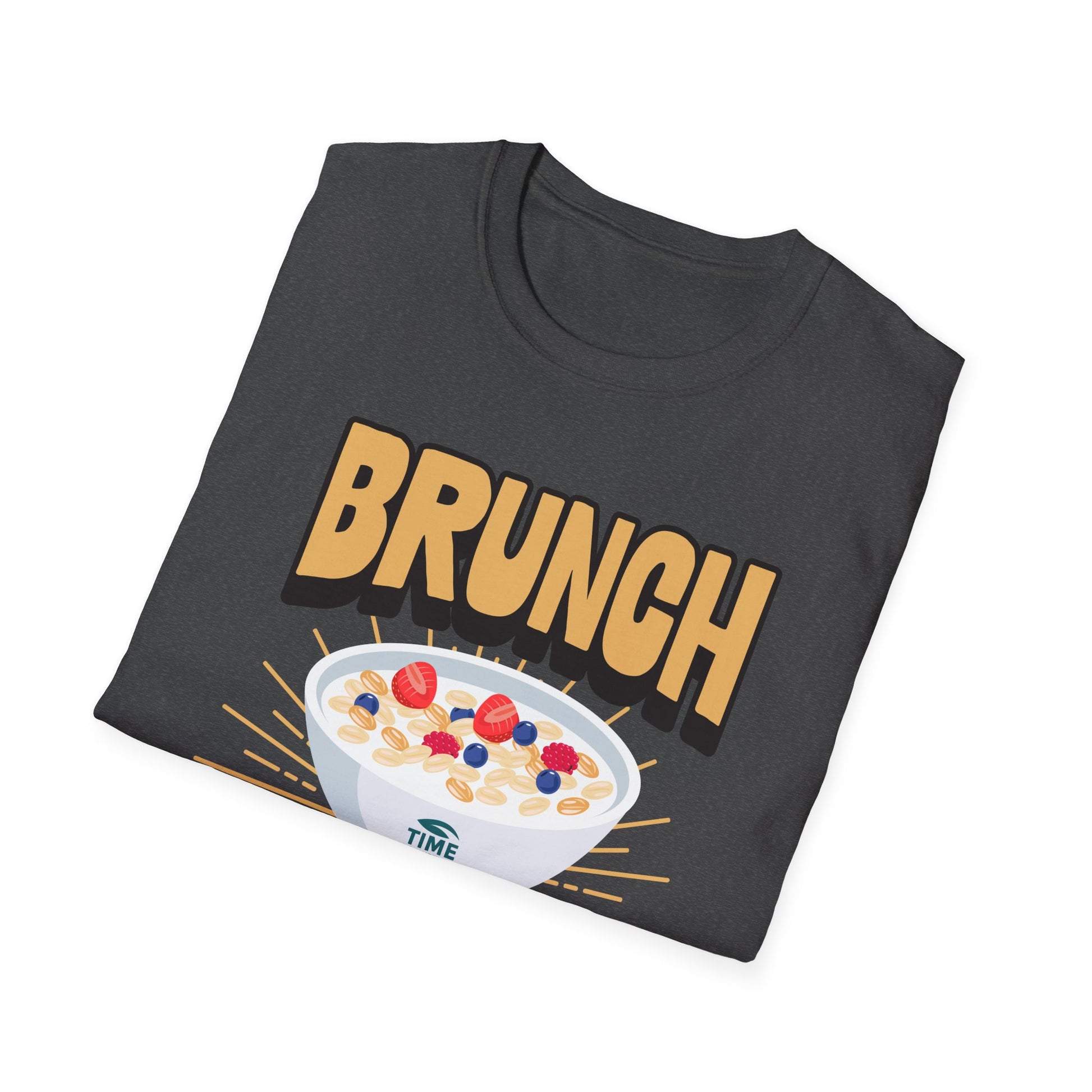 Unisex softstyle t-shirt featuring the phrase "Brunch Is a State of Mind," ethically made with superior comfort and durability. The design includes a fun digital brunch retirement gag gift idea, offering timeless style for casual wear