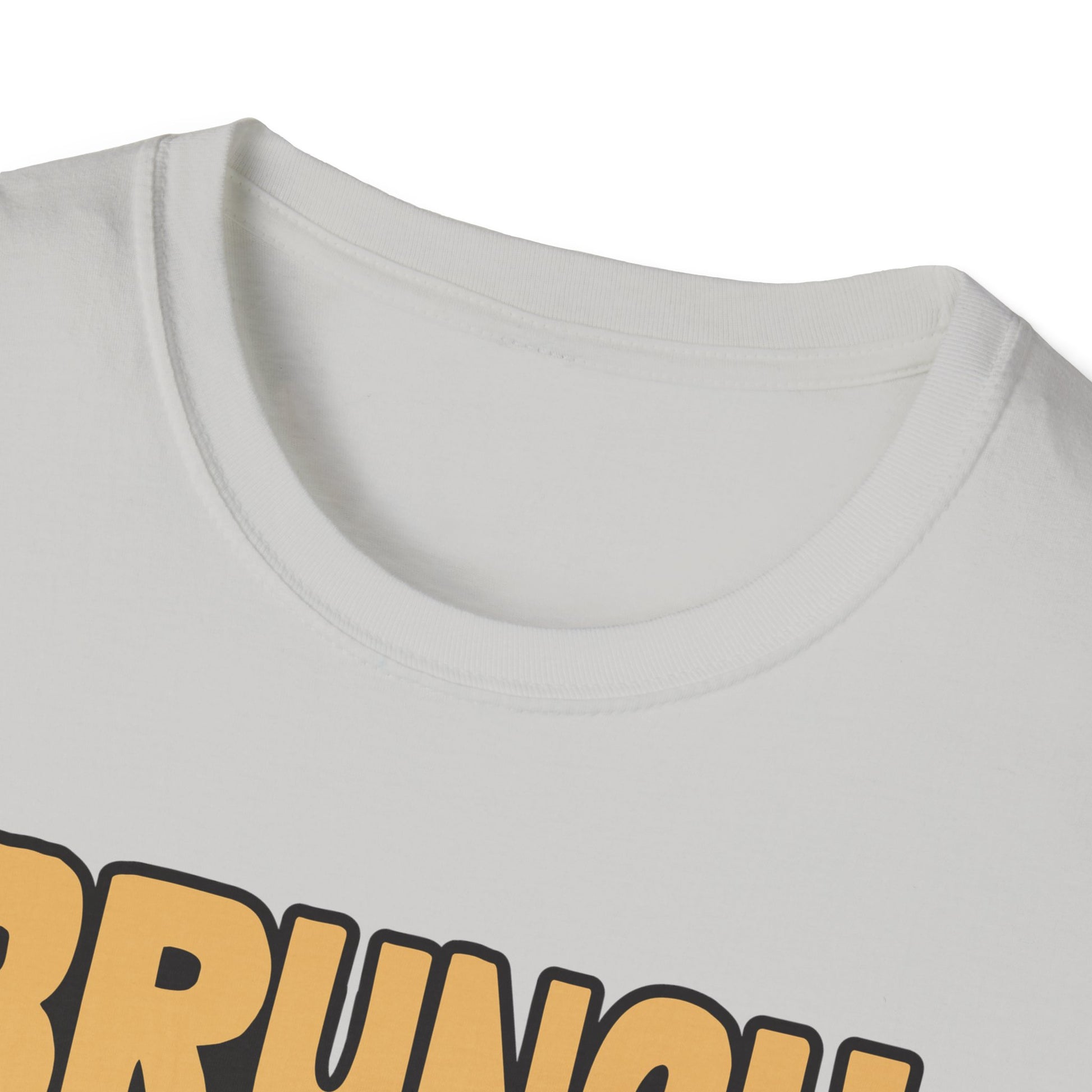 Unisex softstyle t-shirt featuring the phrase "Brunch Is a State of Mind," ethically made with superior comfort and durability. The design includes a fun digital brunch retirement gag gift idea, offering timeless style for casual wear