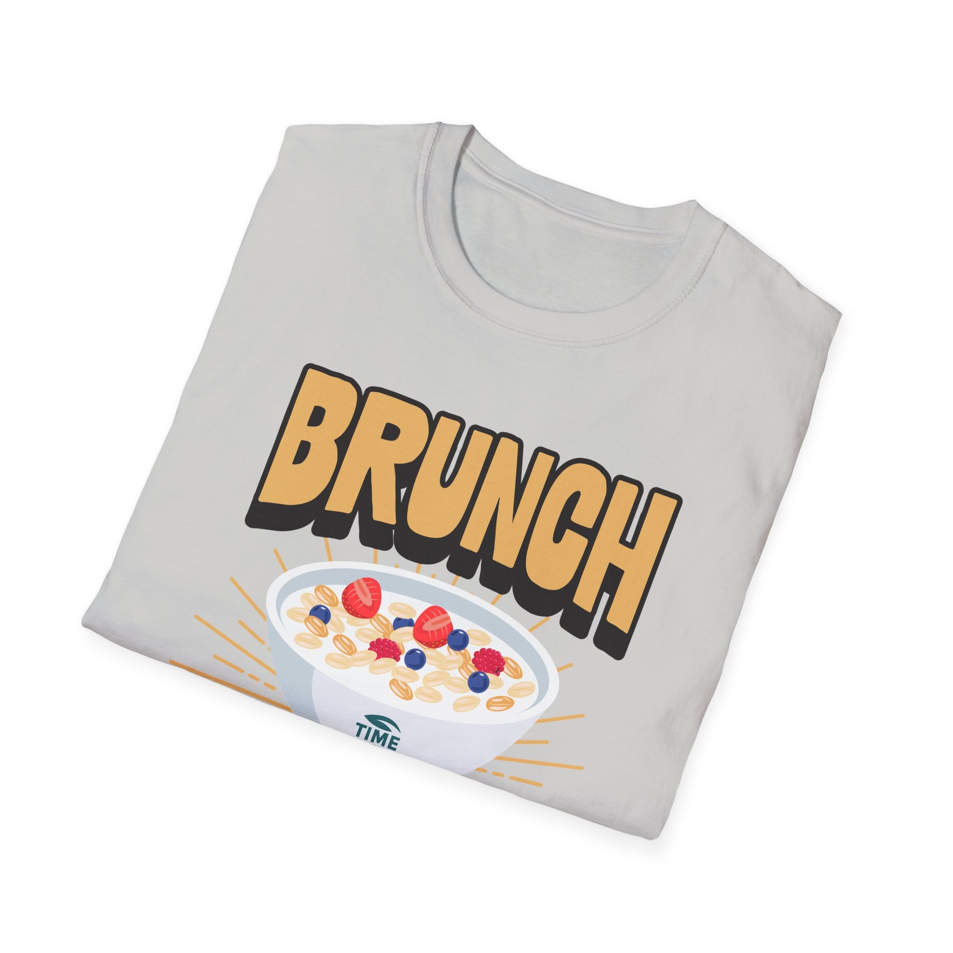 Unisex softstyle t-shirt featuring the phrase "Brunch Is a State of Mind," ethically made with superior comfort and durability. The design includes a fun digital brunch retirement gag gift idea, offering timeless style for casual wear