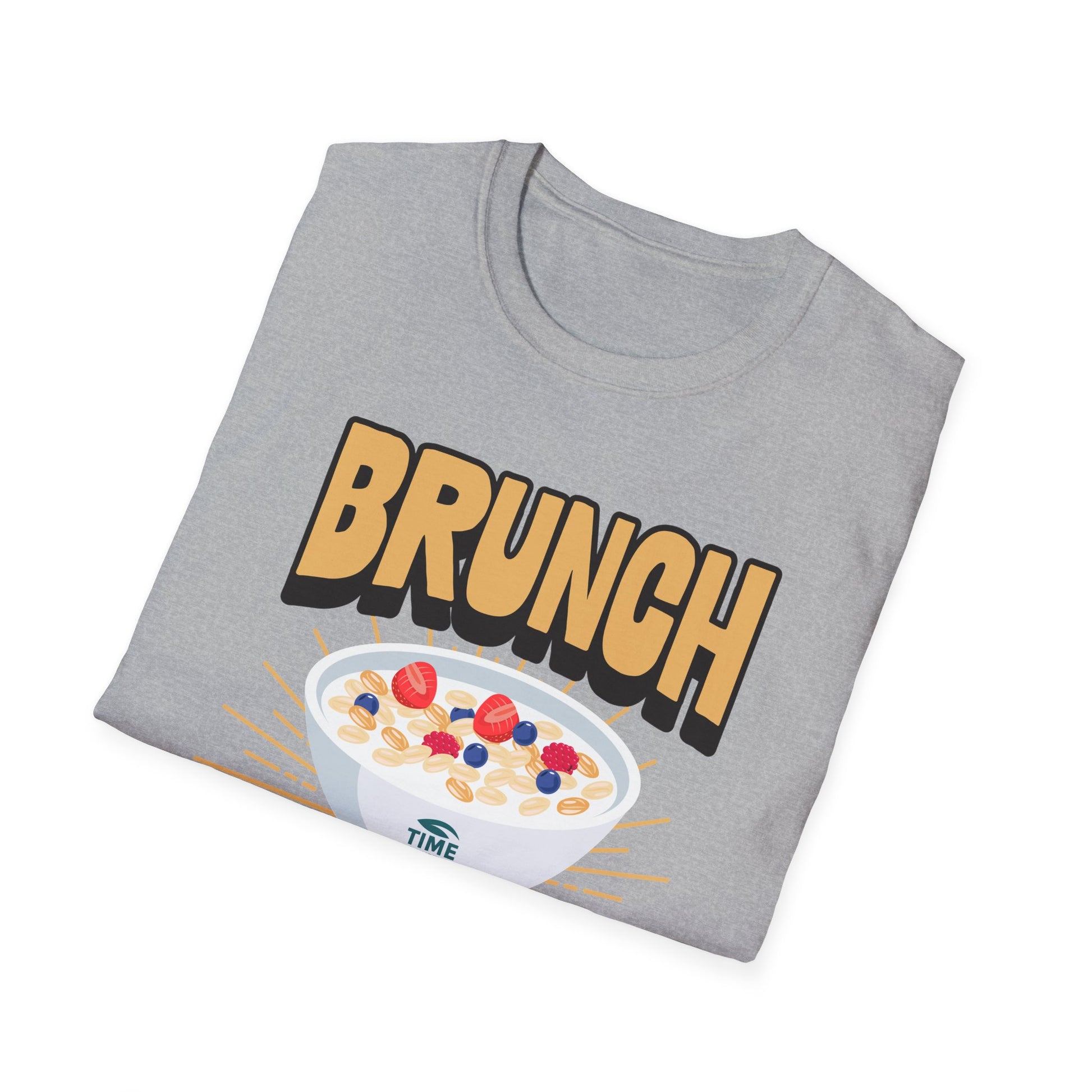 Unisex softstyle t-shirt featuring the phrase "Brunch Is a State of Mind," ethically made with superior comfort and durability. The design includes a fun digital brunch retirement gag gift idea, offering timeless style for casual wear