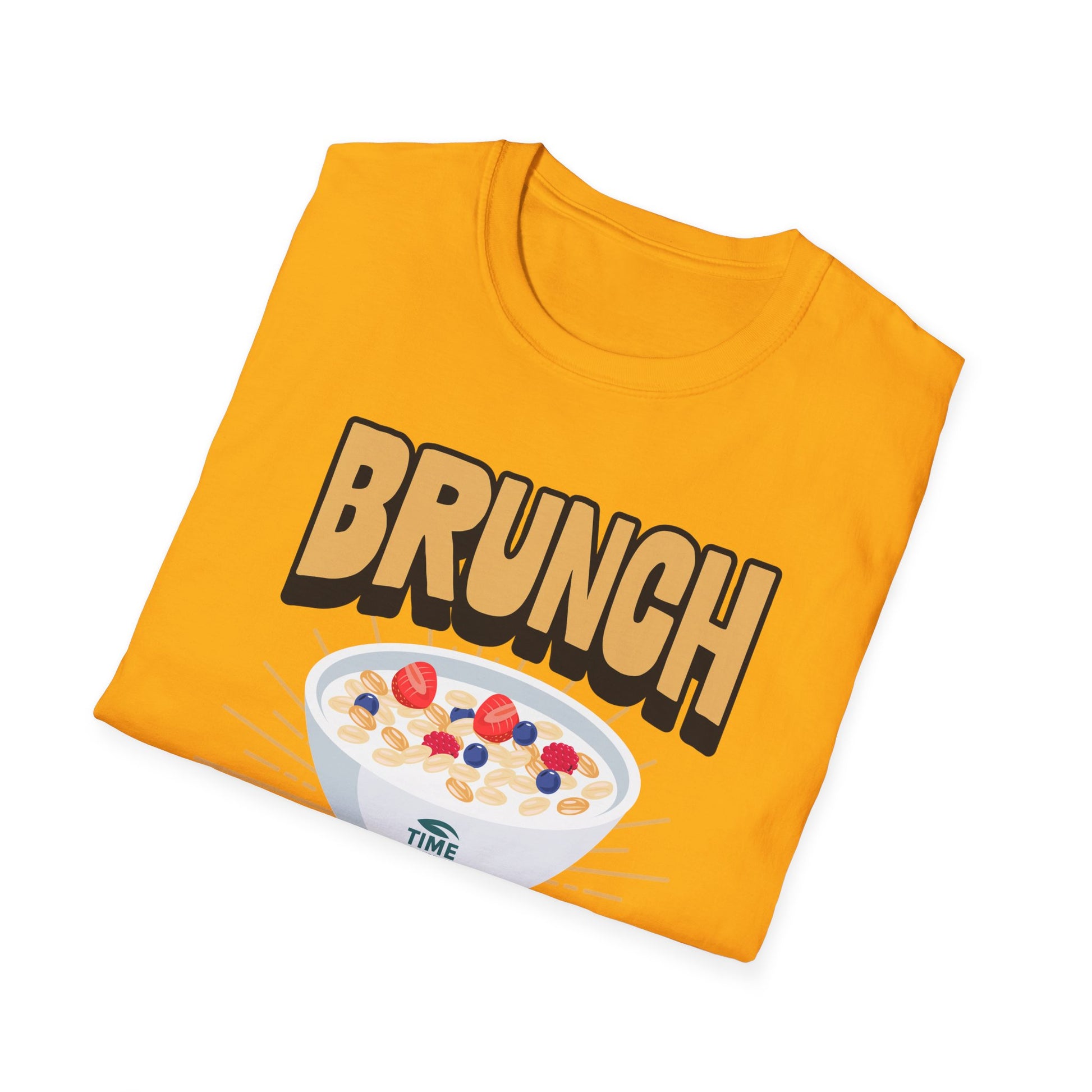 Unisex softstyle t-shirt featuring the phrase "Brunch Is a State of Mind," ethically made with superior comfort and durability. The design includes a fun digital brunch retirement gag gift idea, offering timeless style for casual wear