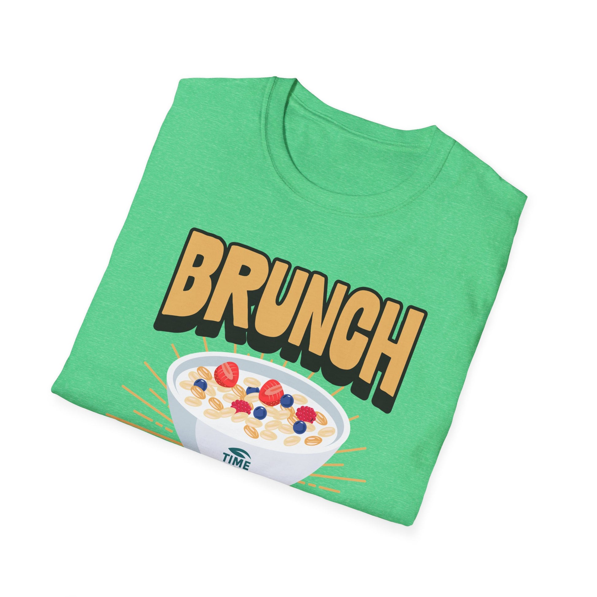 Unisex softstyle t-shirt featuring the phrase "Brunch Is a State of Mind," ethically made with superior comfort and durability. The design includes a fun digital brunch retirement gag gift idea, offering timeless style for casual wear