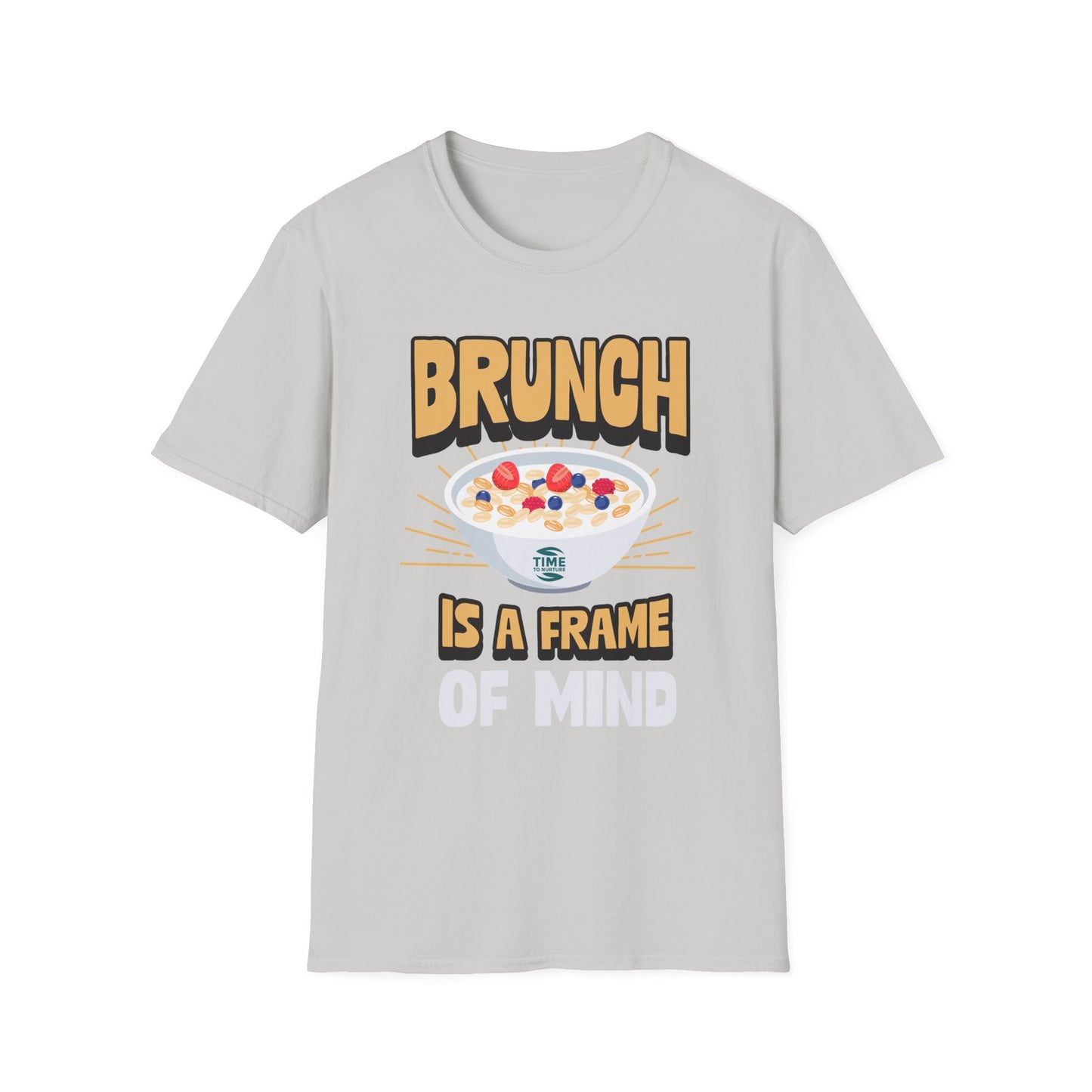 Unisex softstyle t-shirt featuring the phrase "Brunch Is a State of Mind," ethically made with superior comfort and durability. The design includes a fun digital brunch retirement gag gift idea, offering timeless style for casual wear