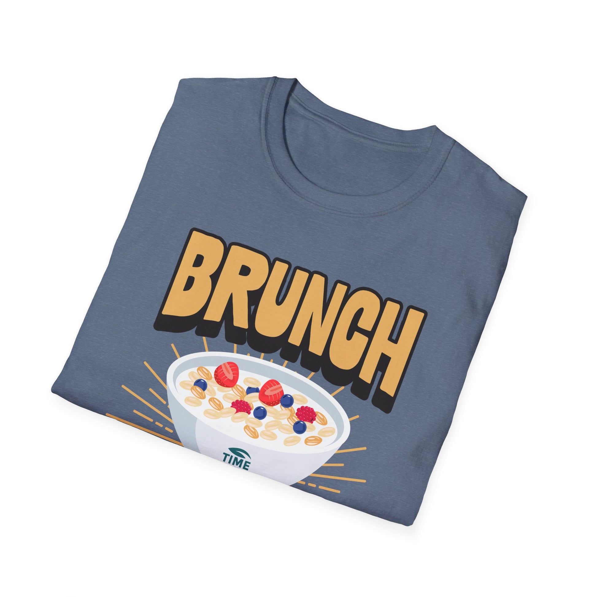 Unisex softstyle t-shirt featuring the phrase "Brunch Is a State of Mind," ethically made with superior comfort and durability. The design includes a fun digital brunch retirement gag gift idea, offering timeless style for casual wear