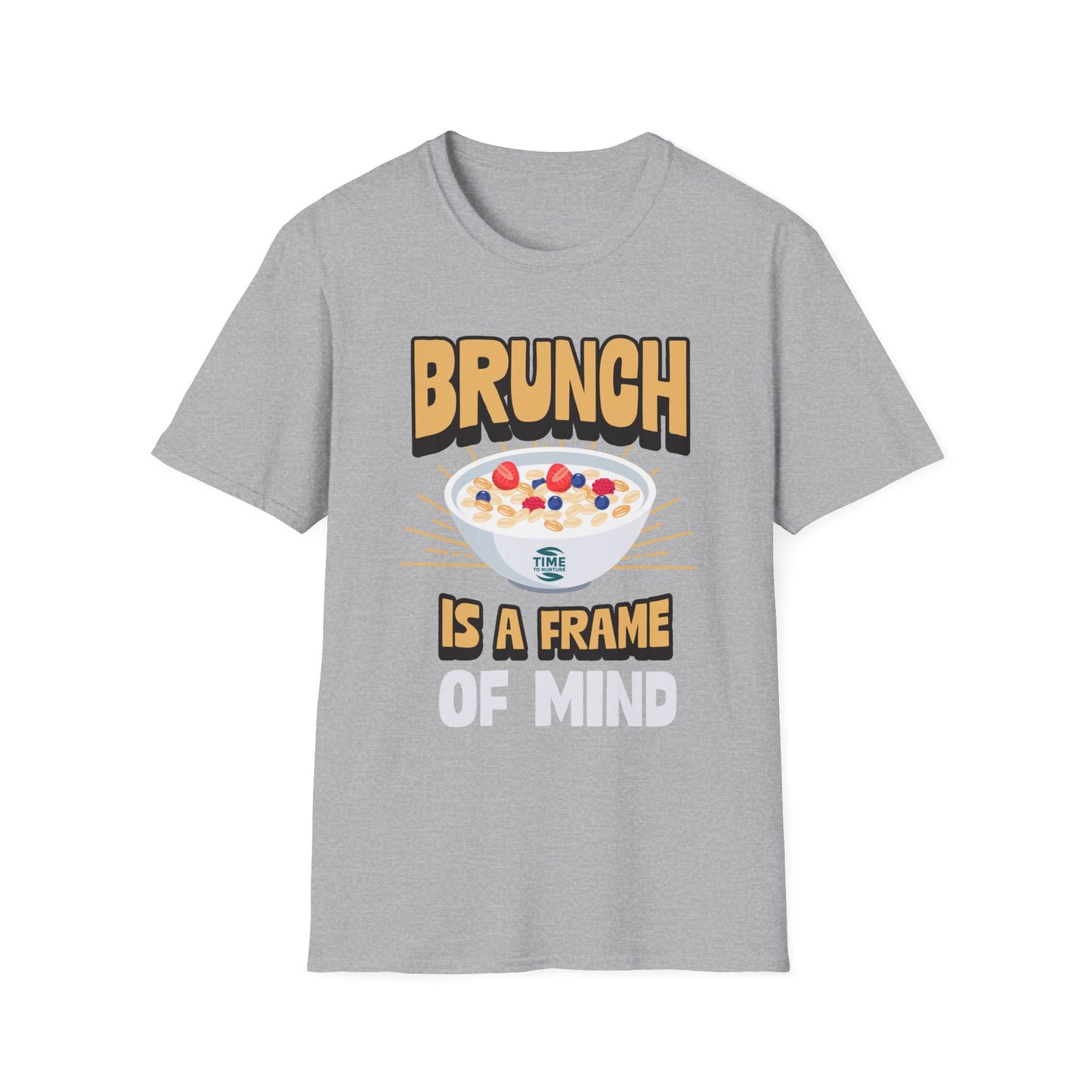Unisex softstyle t-shirt featuring the phrase "Brunch Is a State of Mind," ethically made with superior comfort and durability. The design includes a fun digital brunch retirement gag gift idea, offering timeless style for casual wear