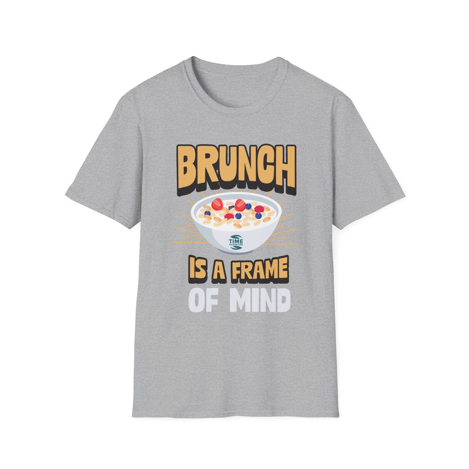 Unisex softstyle t-shirt featuring the phrase "Brunch Is a State of Mind," ethically made with superior comfort and durability. The design includes a fun digital brunch retirement gag gift idea, offering timeless style for casual wear