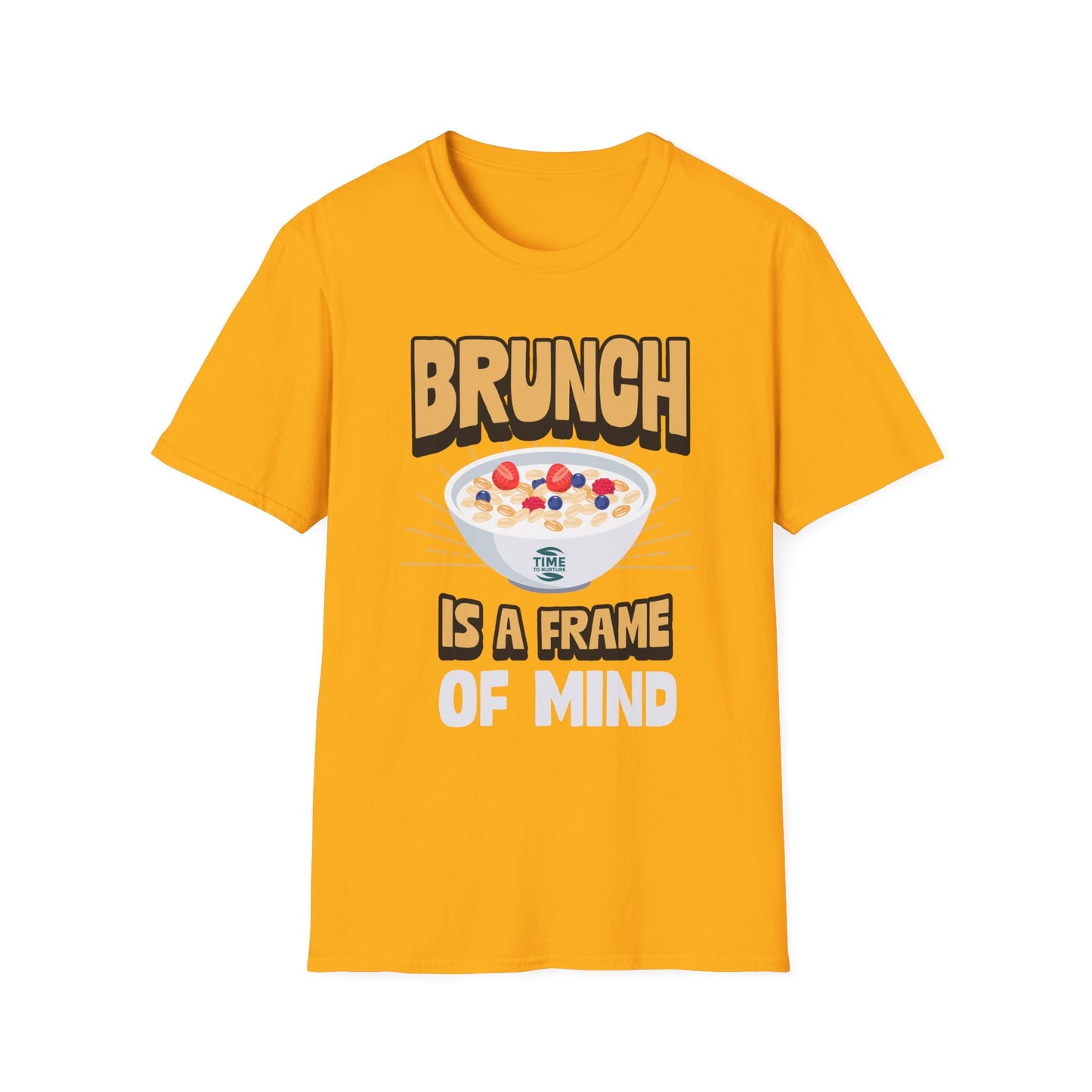 Unisex softstyle t-shirt featuring the phrase "Brunch Is a State of Mind," ethically made with superior comfort and durability. The design includes a fun digital brunch retirement gag gift idea, offering timeless style for casual wear