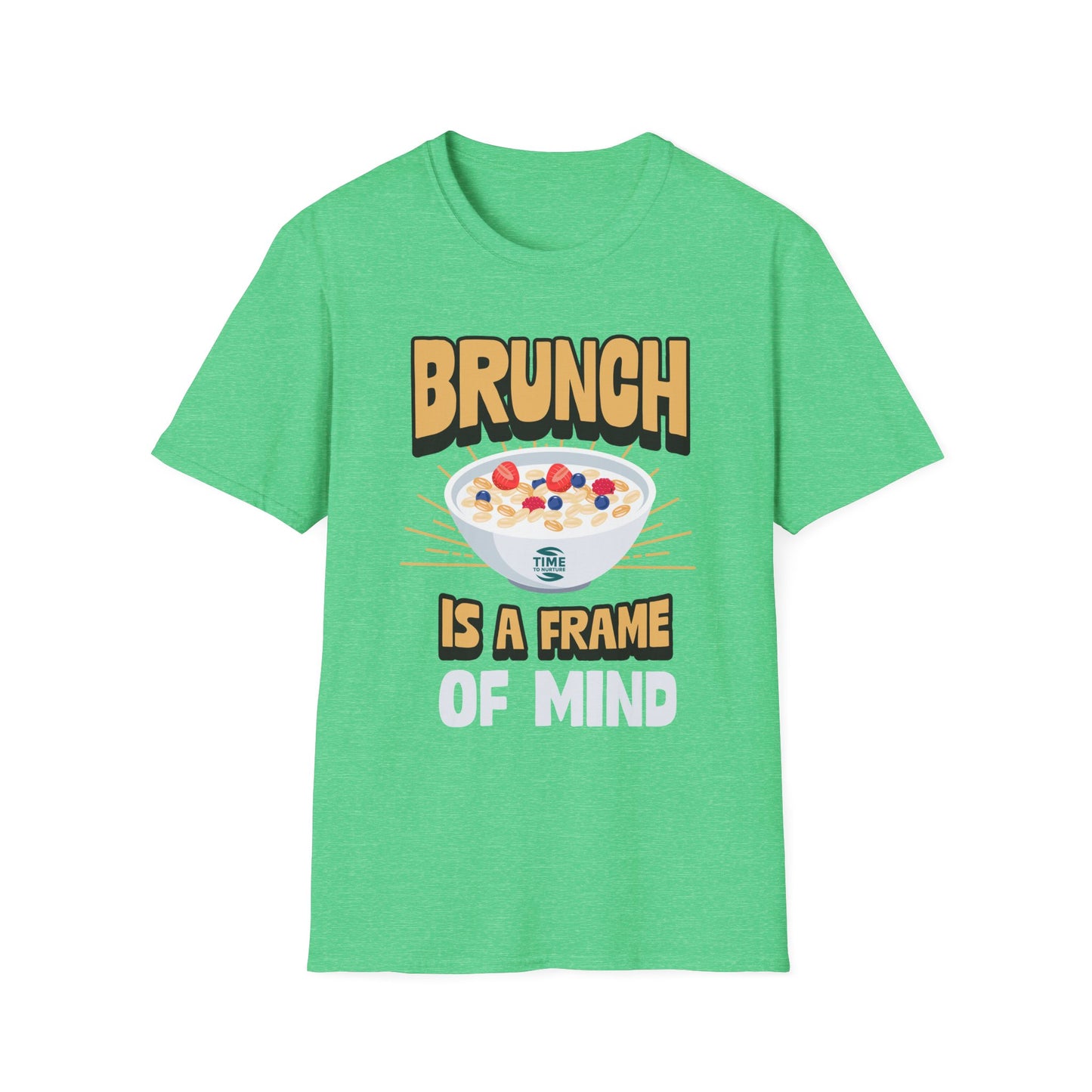 Unisex softstyle t-shirt featuring the phrase "Brunch Is a State of Mind," ethically made with superior comfort and durability. The design includes a fun digital brunch retirement gag gift idea, offering timeless style for casual wear