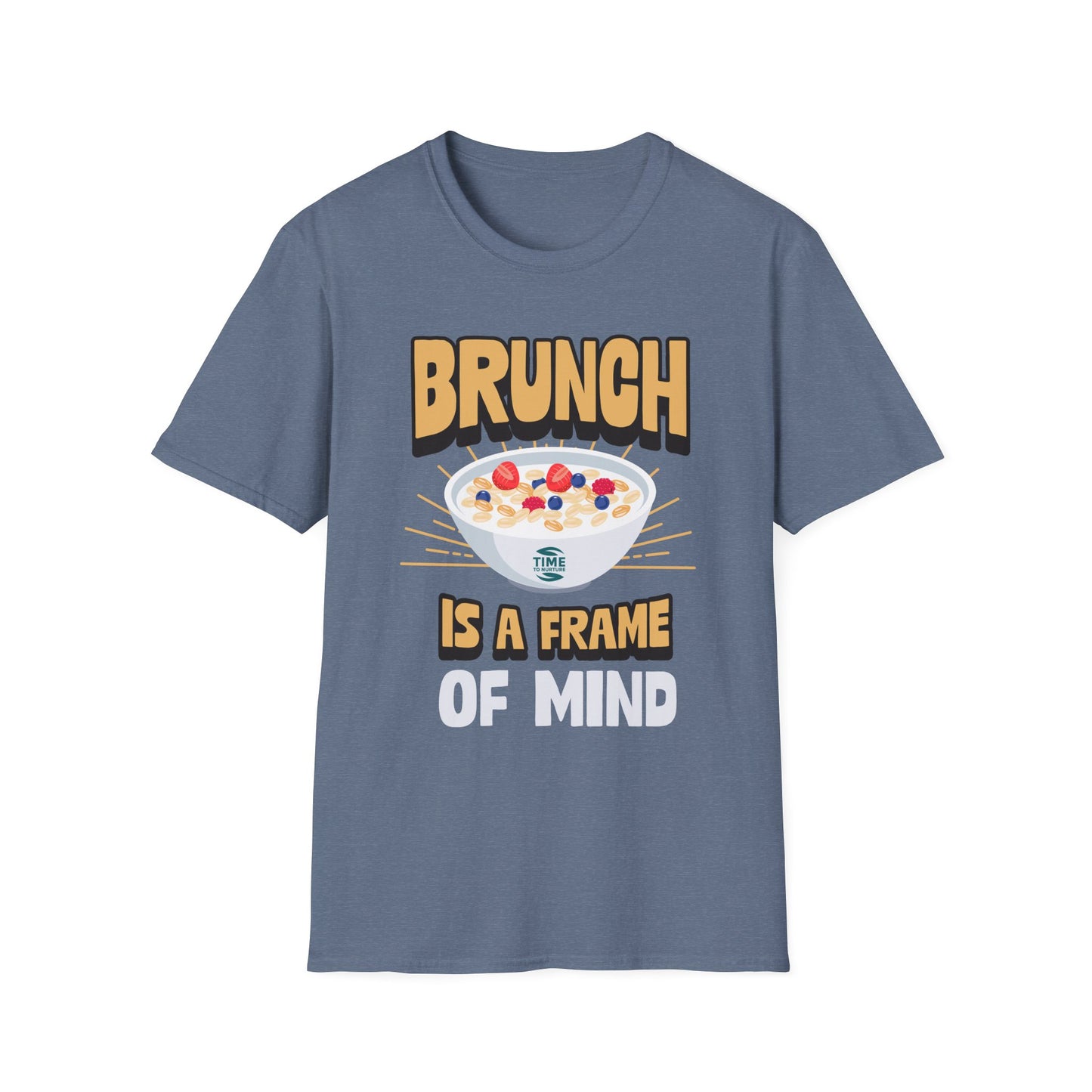 Unisex softstyle t-shirt featuring the phrase "Brunch Is a State of Mind," ethically made with superior comfort and durability. The design includes a fun digital brunch retirement gag gift idea, offering timeless style for casual wear