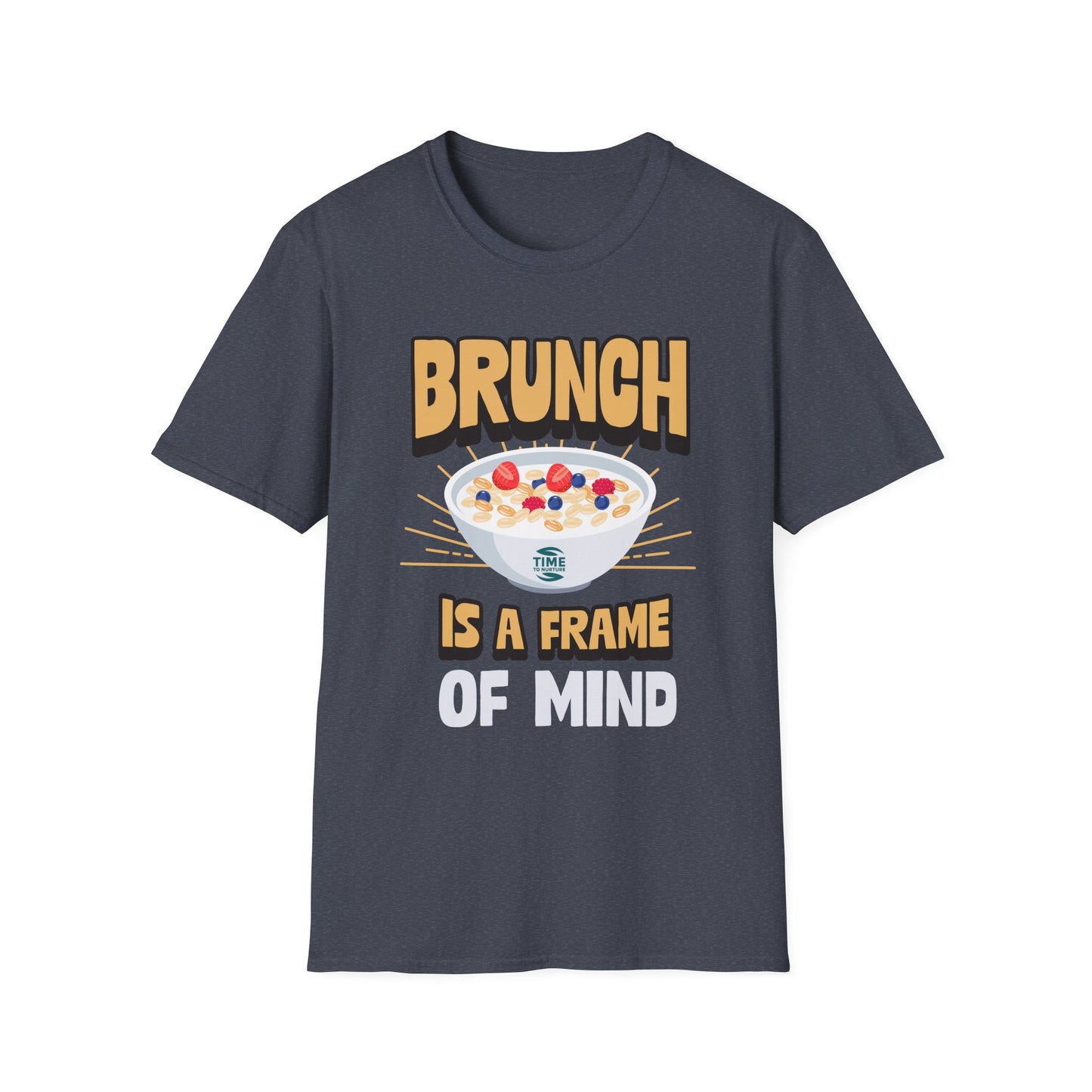 Unisex softstyle t-shirt featuring the phrase "Brunch Is a State of Mind," ethically made with superior comfort and durability. The design includes a fun digital brunch retirement gag gift idea, offering timeless style for casual wear