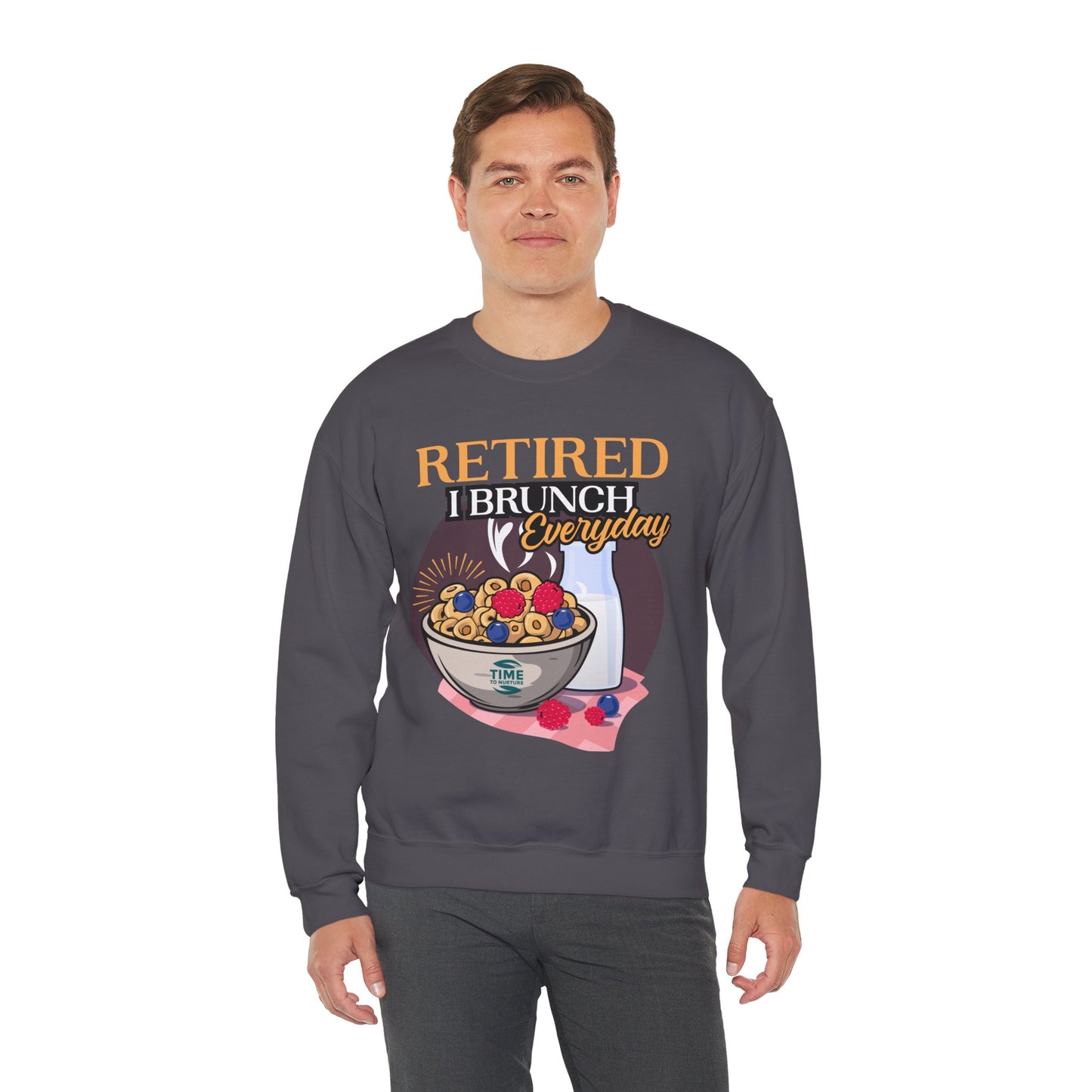 Unisex sweatshirt featuring the phrase "Retired I Brunch Everyday" in a fun, brunch-themed design. Ideal as a cozy retirement gift or a stylish top for celebrating the retired life with brunch vibes.