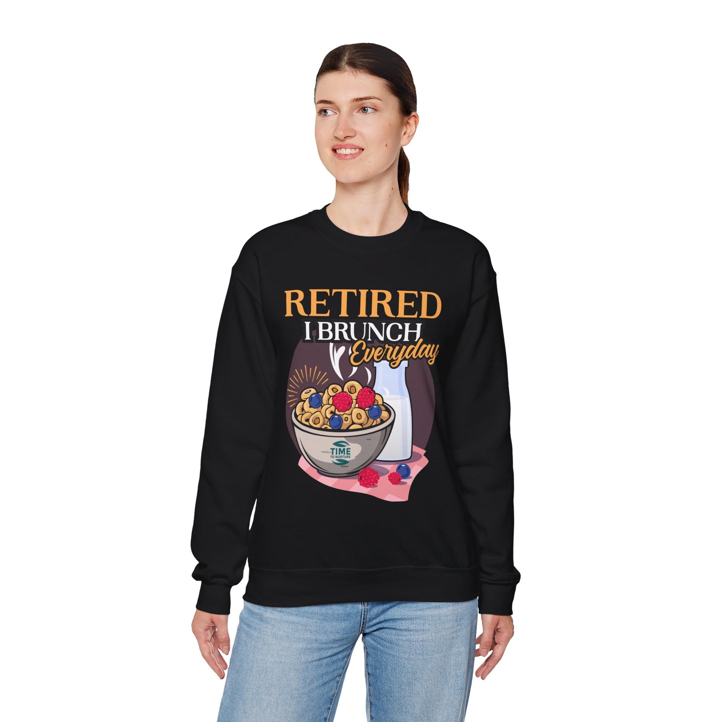 Unisex sweatshirt featuring the phrase "Retired I Brunch Everyday" in a fun, brunch-themed design. Ideal as a cozy retirement gift or a stylish top for celebrating the retired life with brunch vibes.