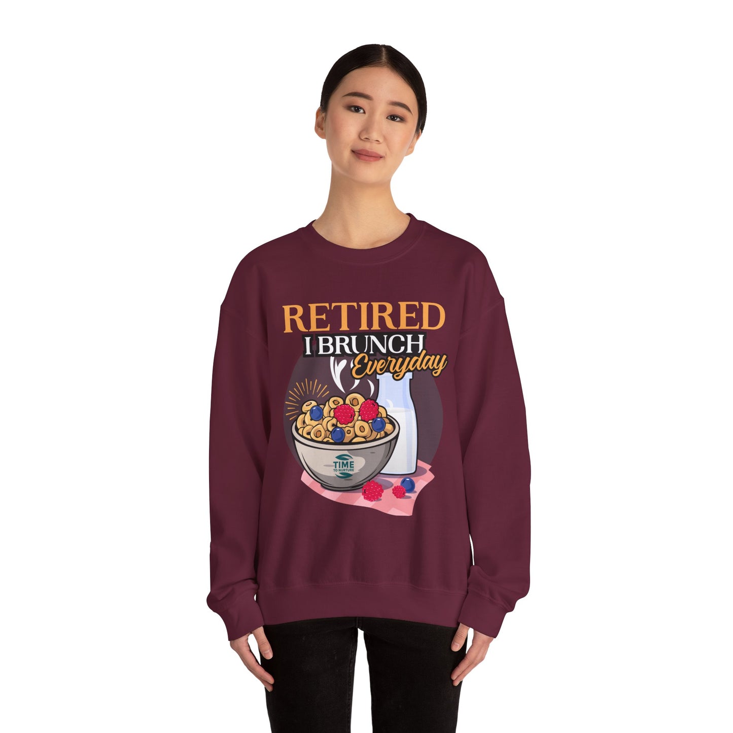 Unisex sweatshirt featuring the phrase "Retired I Brunch Everyday" in a fun, brunch-themed design. Ideal as a cozy retirement gift or a stylish top for celebrating the retired life with brunch vibes.