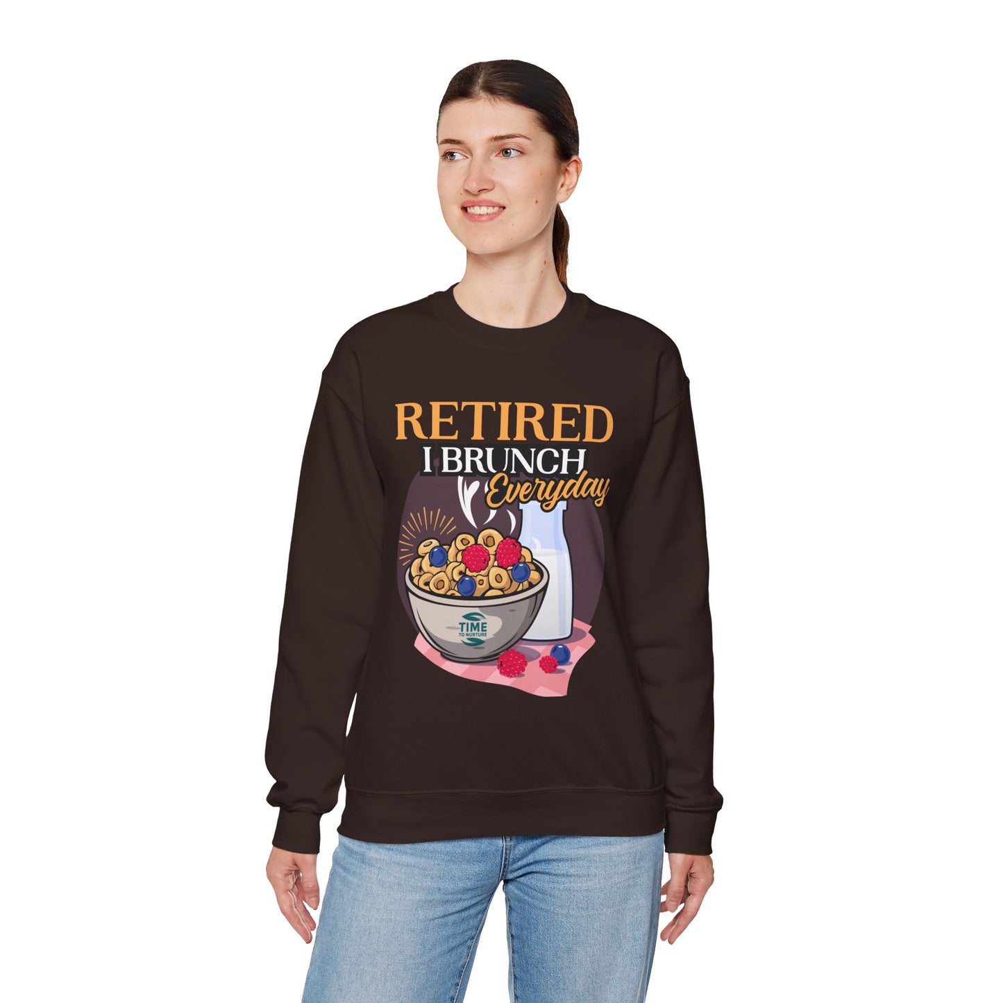 Unisex sweatshirt featuring the phrase "Retired I Brunch Everyday" in a fun, brunch-themed design. Ideal as a cozy retirement gift or a stylish top for celebrating the retired life with brunch vibes.