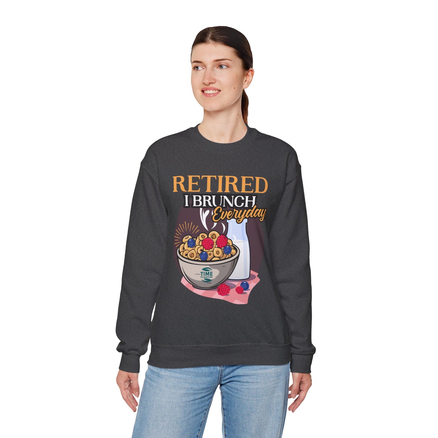 Unisex sweatshirt featuring the phrase "Retired I Brunch Everyday" in a fun, brunch-themed design. Ideal as a cozy retirement gift or a stylish top for celebrating the retired life with brunch vibes.
