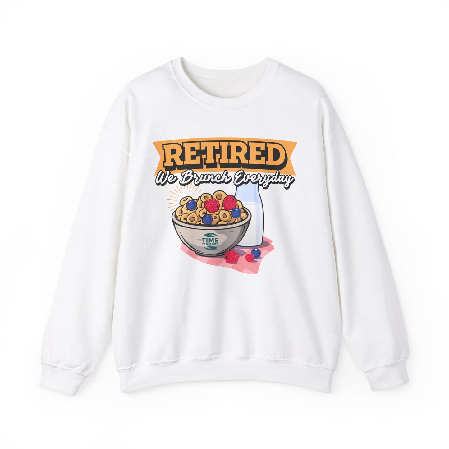 Unisex sweatshirt with the text Retired We Brunch Everyday, ideal as a cozy retirement gift for brunch enthusiasts. Features a classic crewneck design.