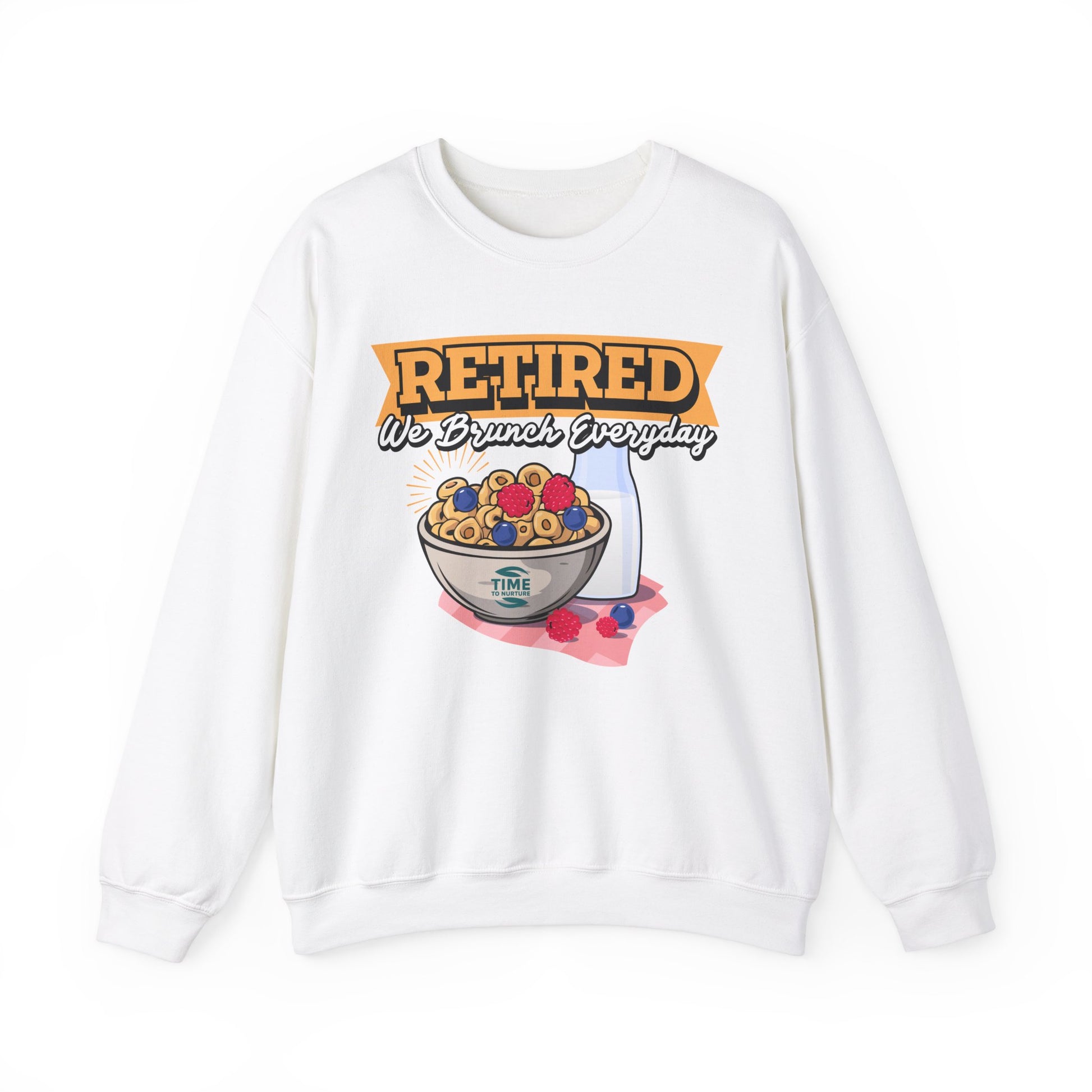 Unisex sweatshirt with the text Retired We Brunch Everyday, ideal as a cozy retirement gift for brunch enthusiasts. Features a classic crewneck design.