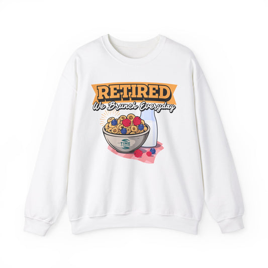 Unisex sweatshirt with the text Retired We Brunch Everyday, ideal as a cozy retirement gift for brunch enthusiasts. Features a classic crewneck design.